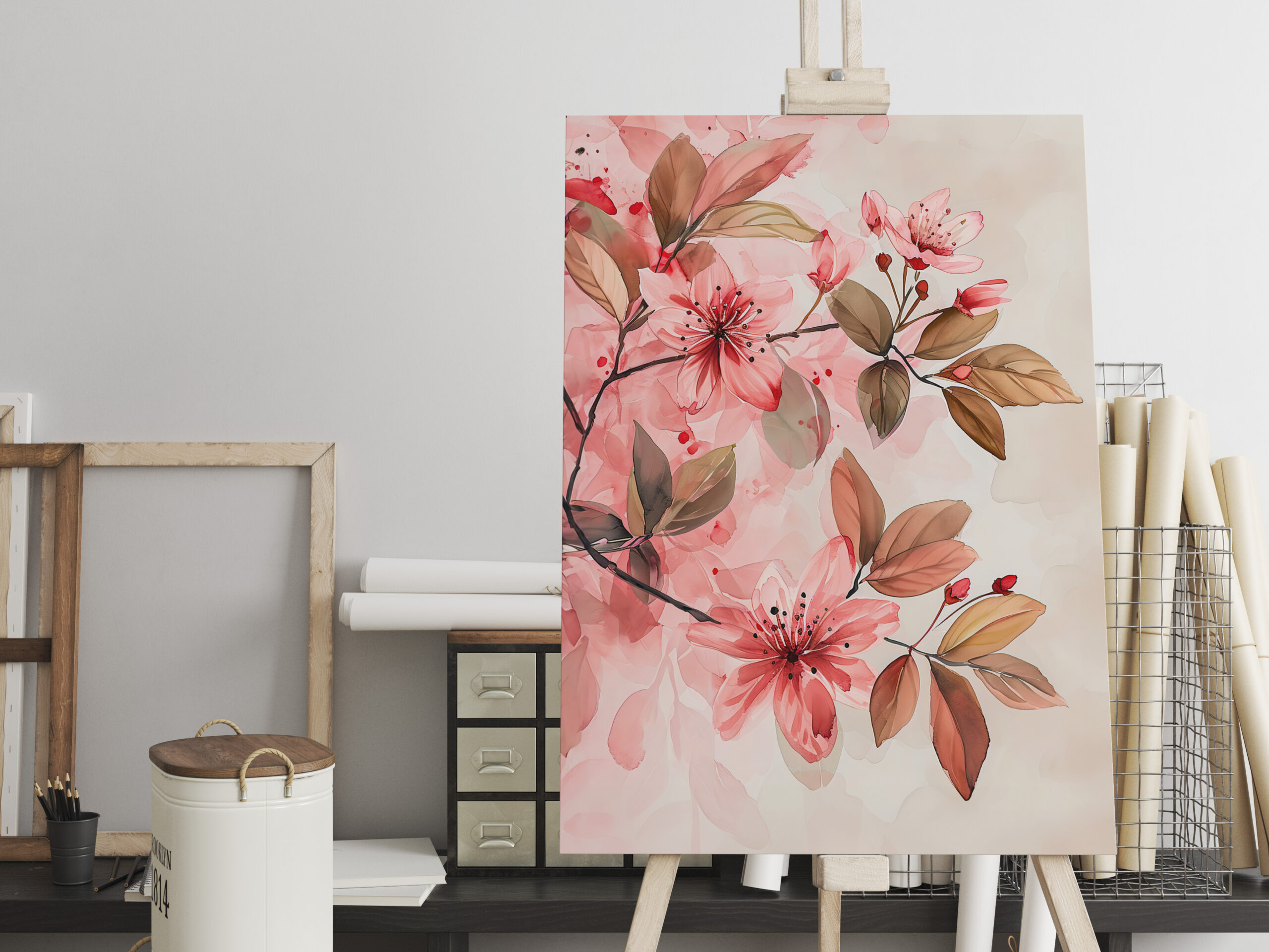 raxxa Canva: Pink Watercolor Blossoms With Soft Brown Leaves