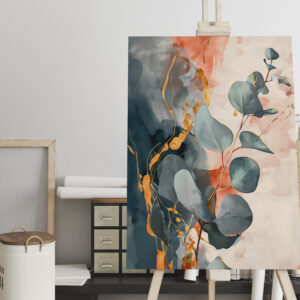 raxxa Canva: Grey Round Botanical Leaves With Gold And Red Watercolor Background