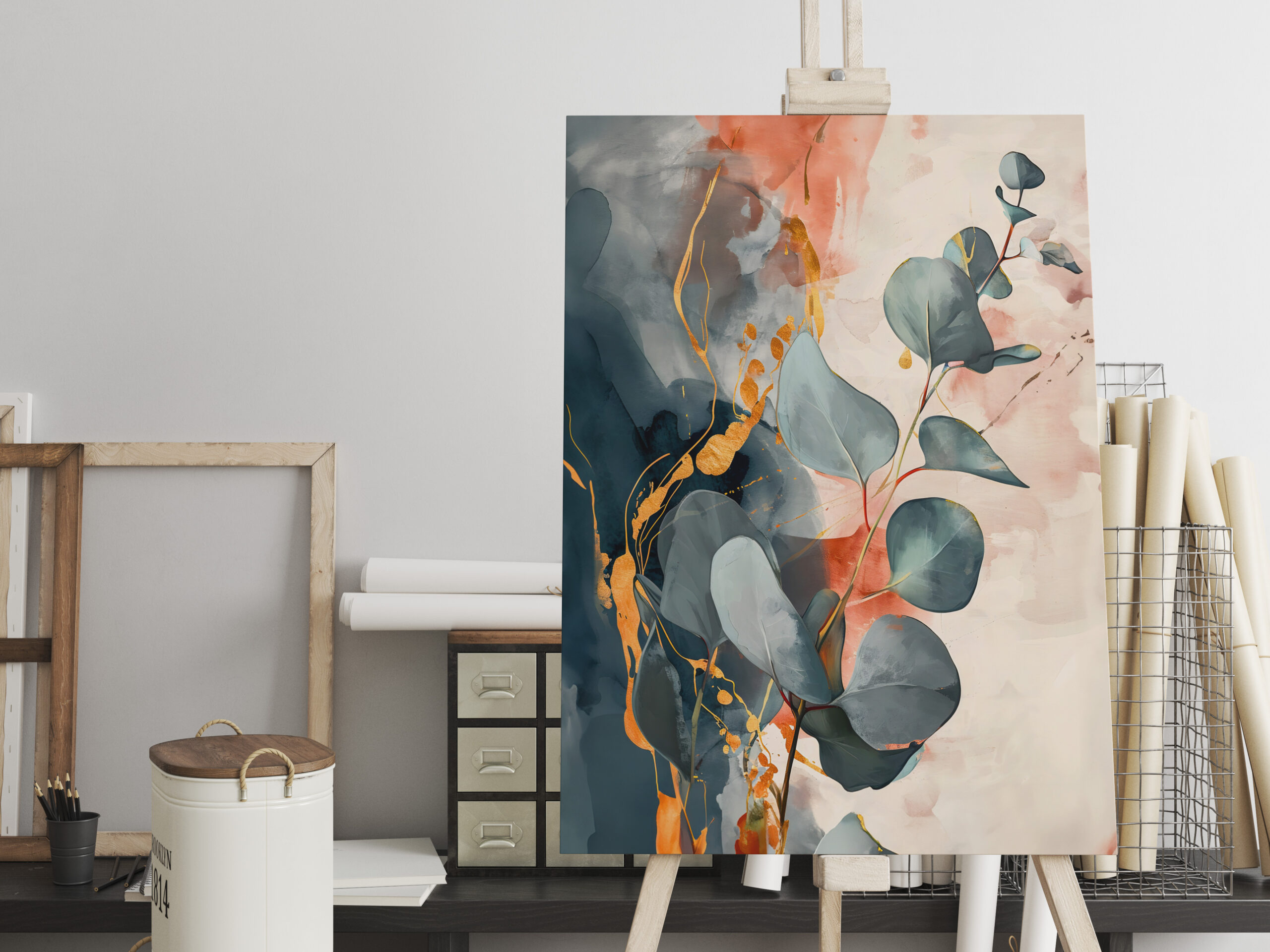 raxxa Canva: Grey Round Botanical Leaves With Gold And Red Watercolor Background