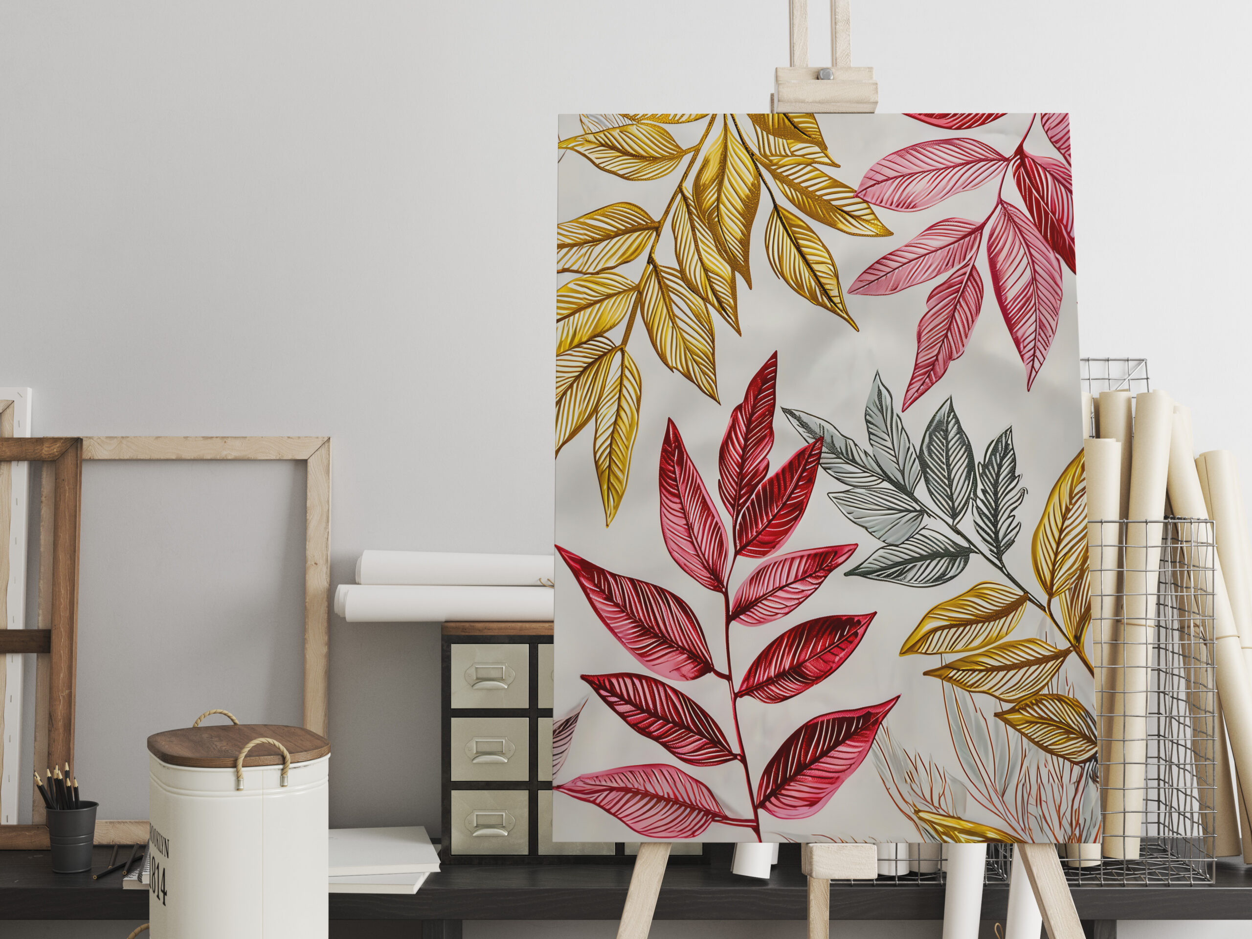 raxxa Canva: Dark Red Fern Leaves With Gold Accents