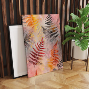 raxxa Canva: Dark Red Fern Leaves With Gold Accents On Pink Pastel Background