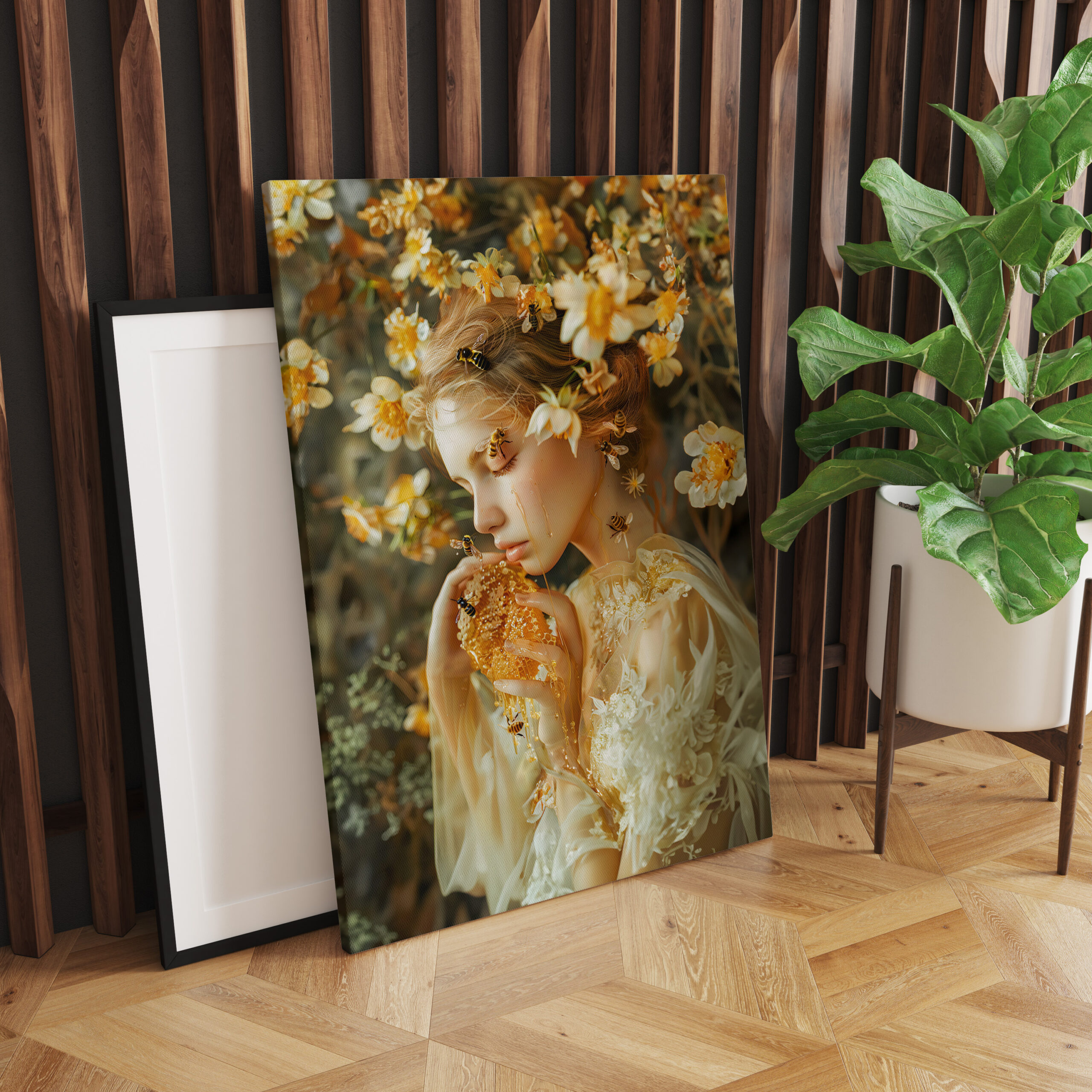 raxxa Canva: woman elegantly poses with honeybees and the sweet result of their labor, honey.