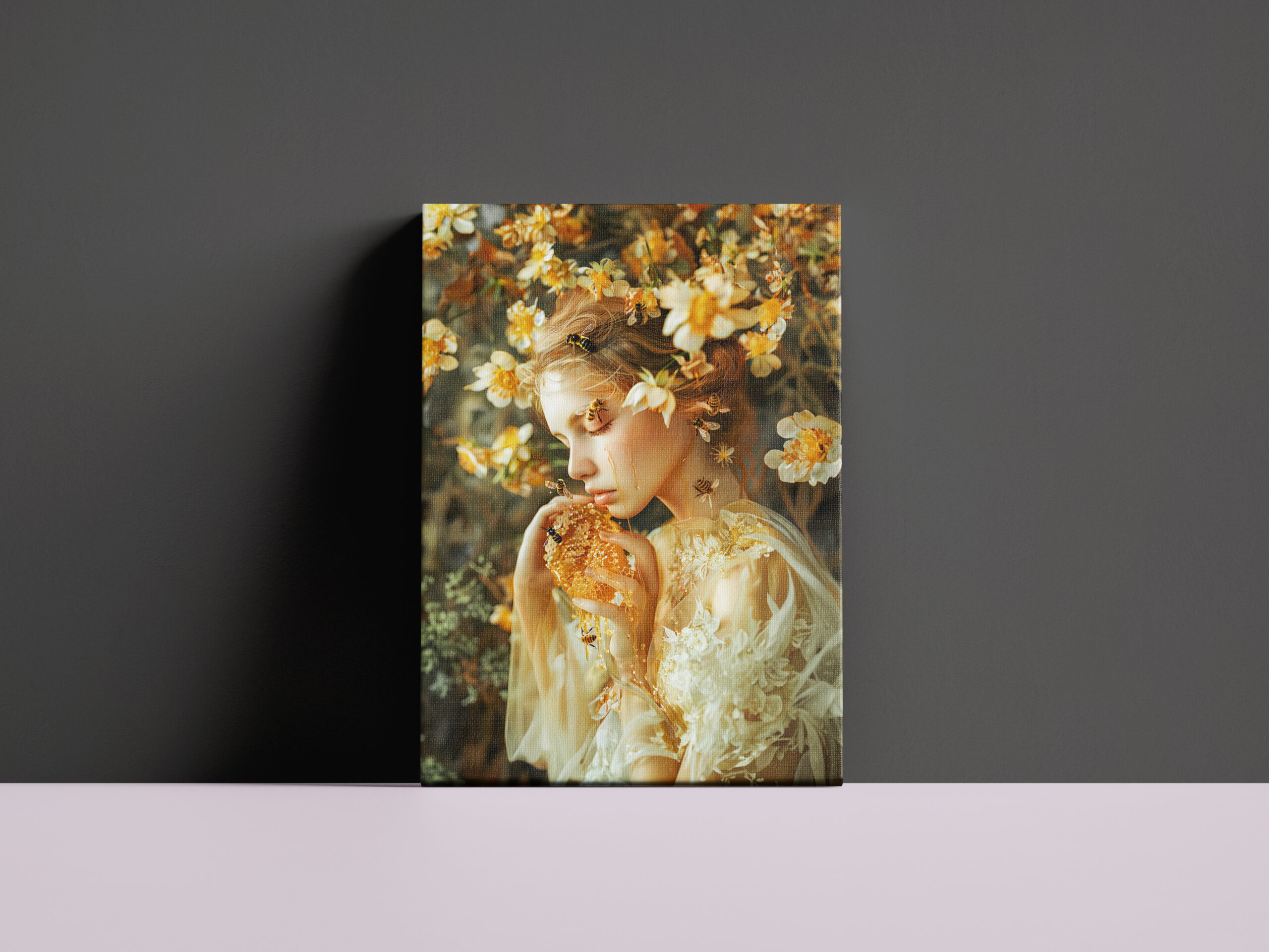 raxxa Canva: woman elegantly poses with honeybees and the sweet result of their labor, honey. - immagine 2