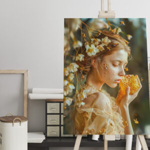 raxxa Canva: Queen Bee Woman Posing with Honeybees and Honey