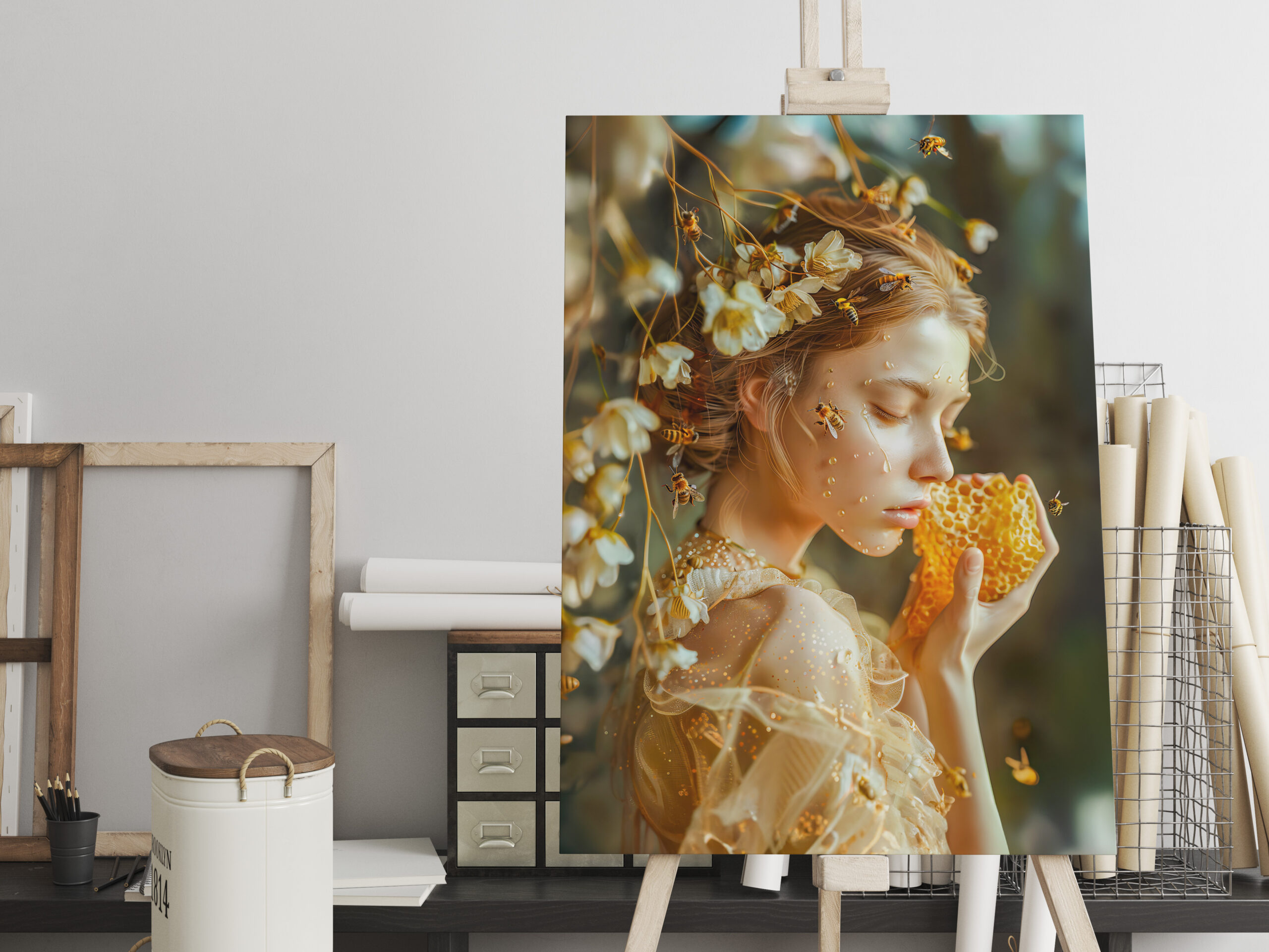 raxxa Canva: Queen Bee Woman Posing with Honeybees and Honey