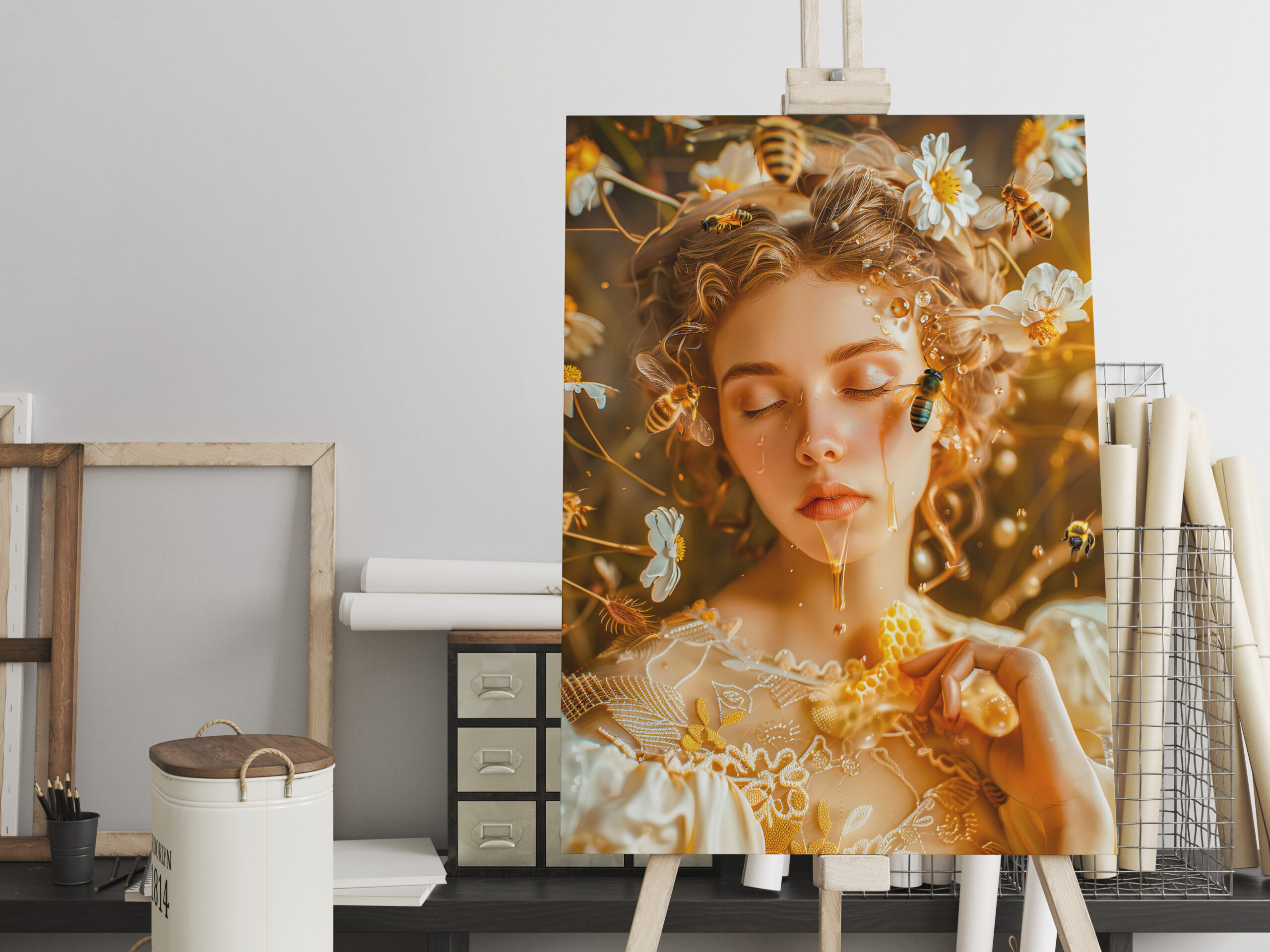 raxxa Canva: Queen Bee Woman Posing with Honeybees and Honey
