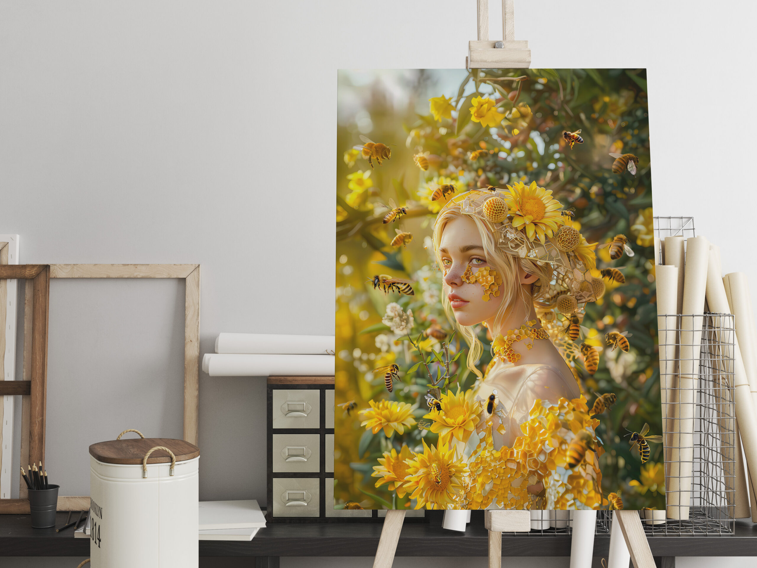 raxxa Canva: Queen Bee Woman Posing with Honeybees and Honey