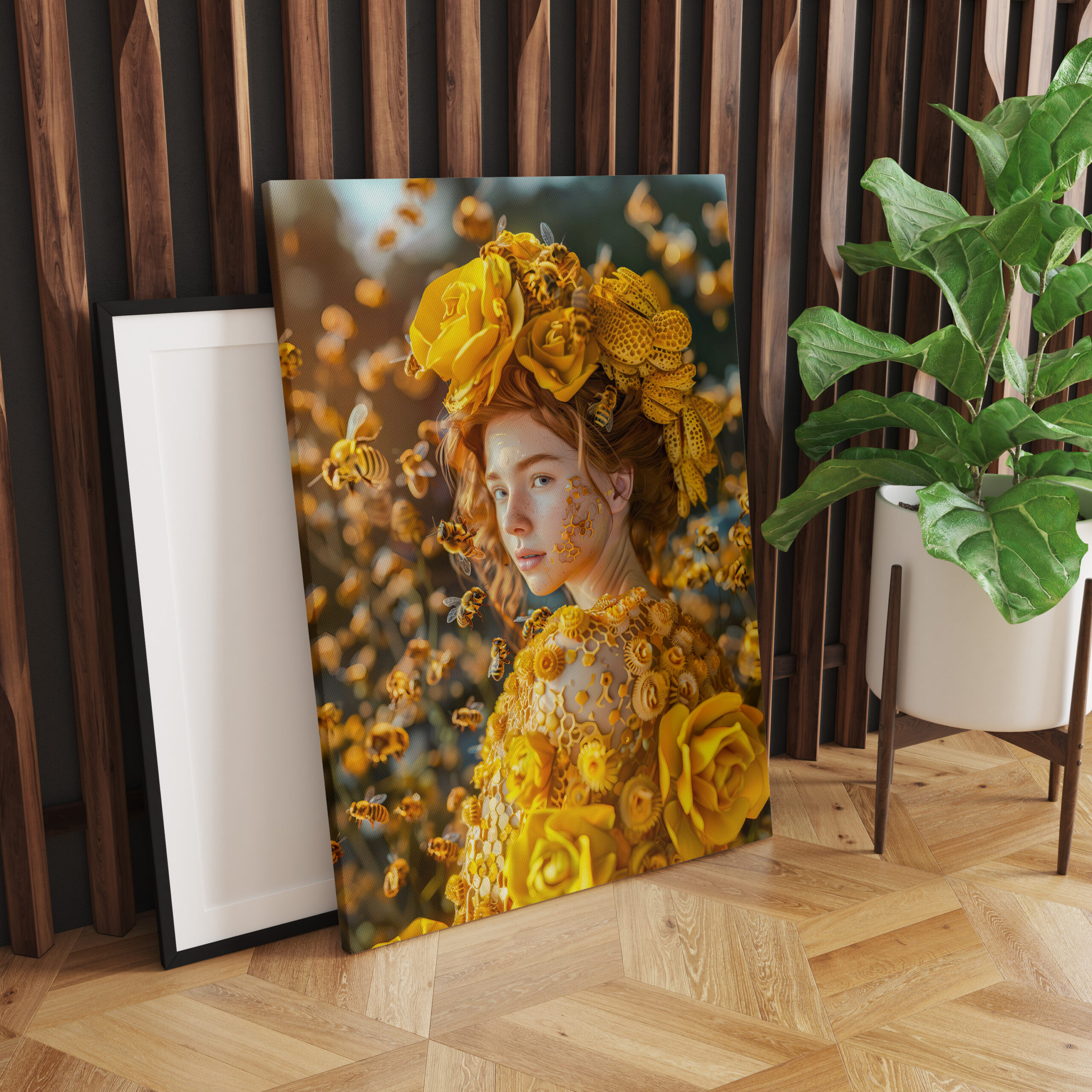 raxxa Canva: Queen Bee Woman Posing with Honeybees and Honey