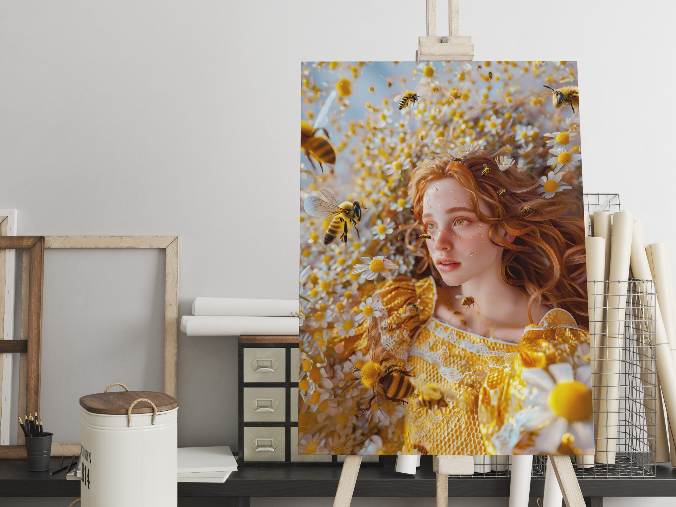 raxxa Canva: Queen Bee Woman Posing with Honeybees and Honey