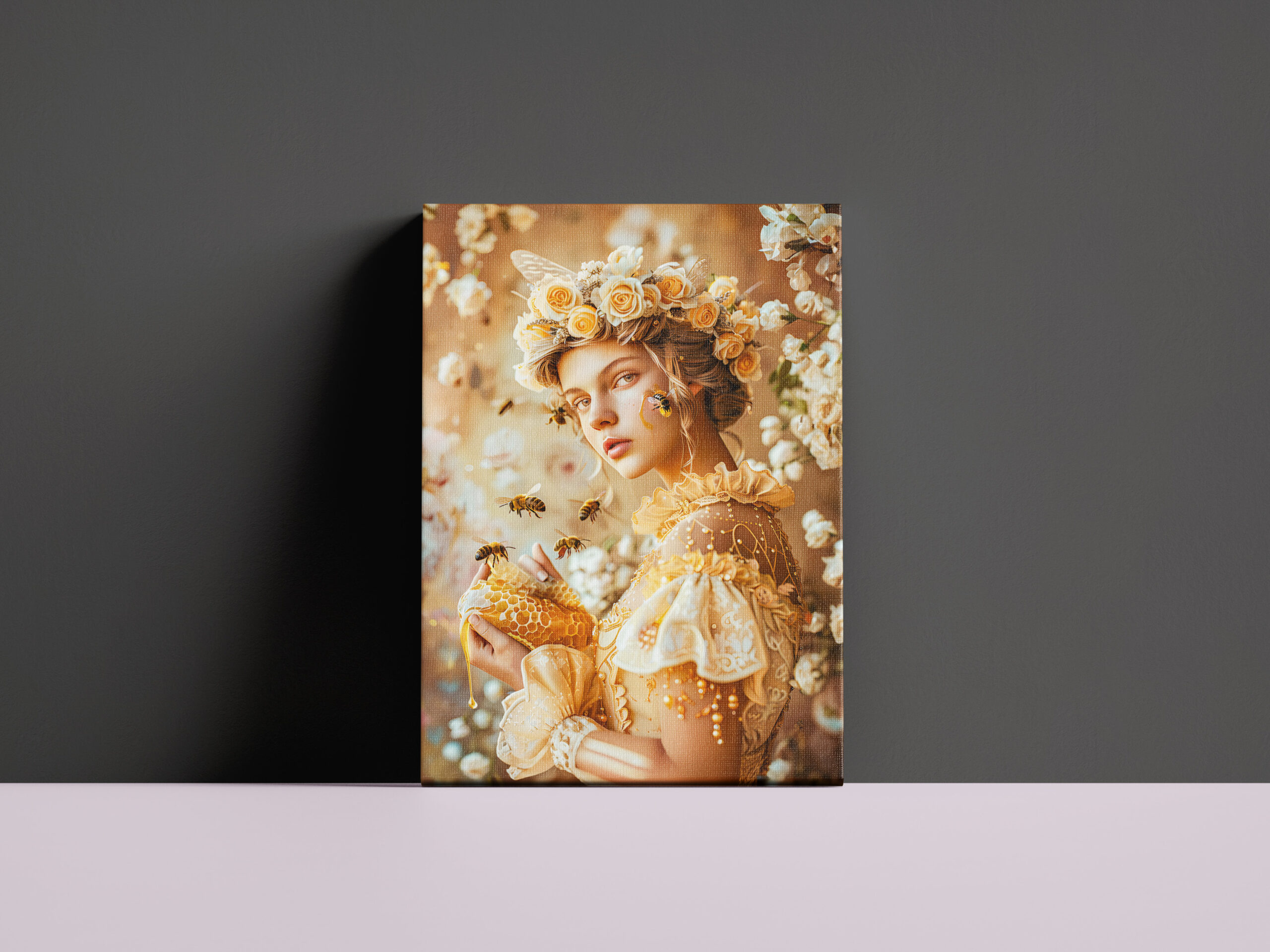 raxxa Canva: Queen Bee Woman Posing with Honeybees and Honey