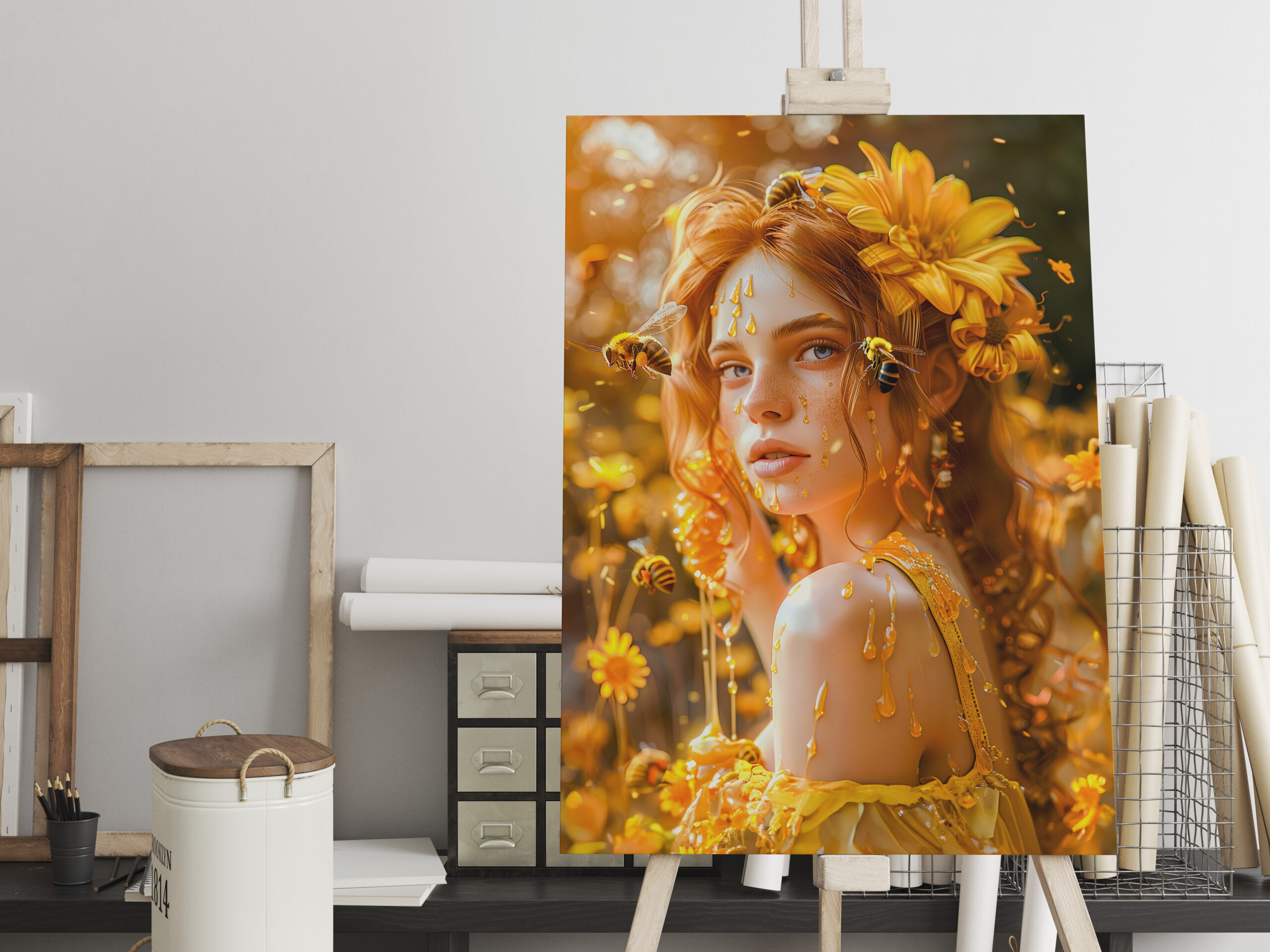 raxxa Canva: Queen Bee Woman Posing with Honeybees and Honey