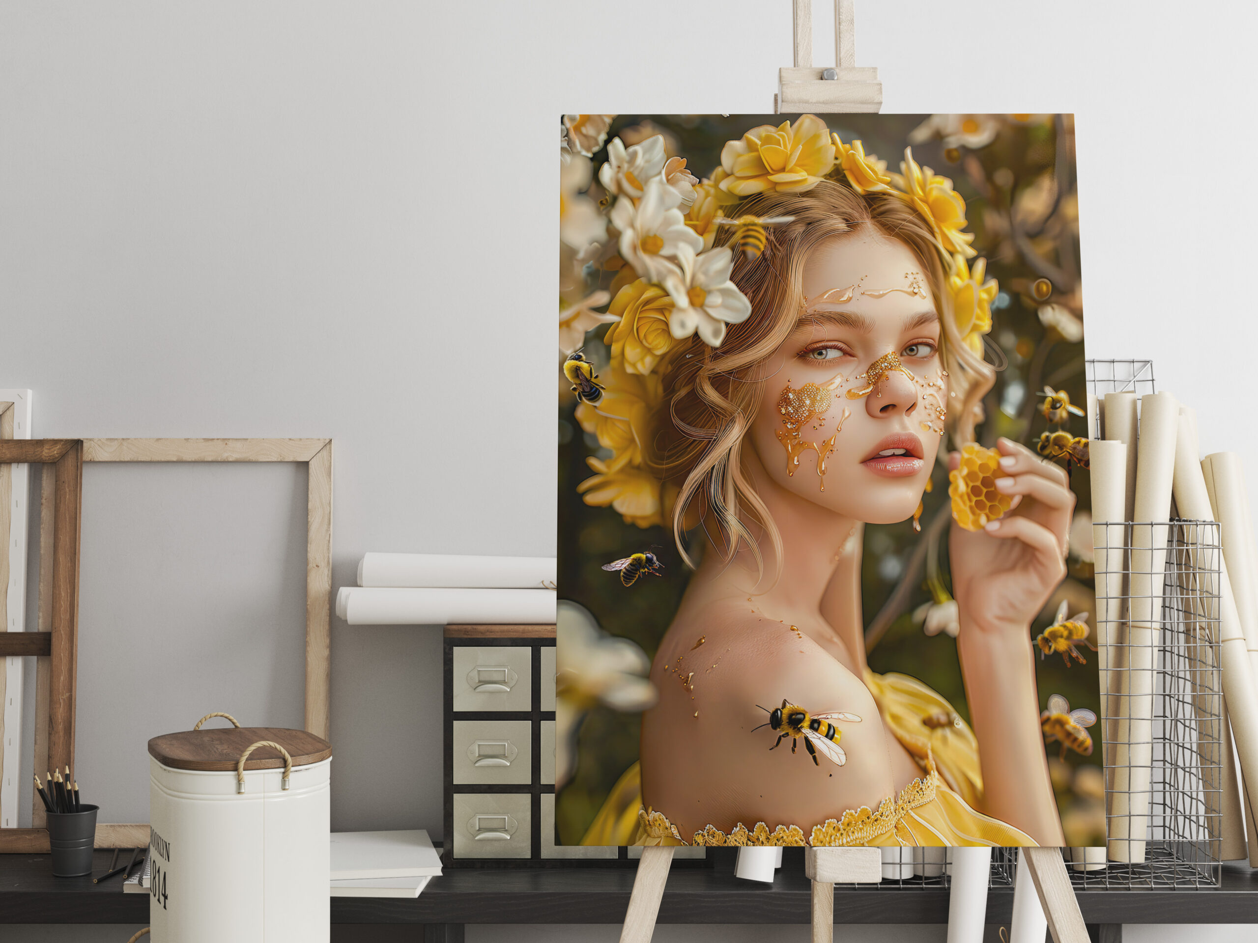 raxxa Canva: Queen Bee Woman Posing with Honeybees and Honey