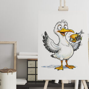 raxxa Canva: Seagull Holding Fish Sandwich at the Coast