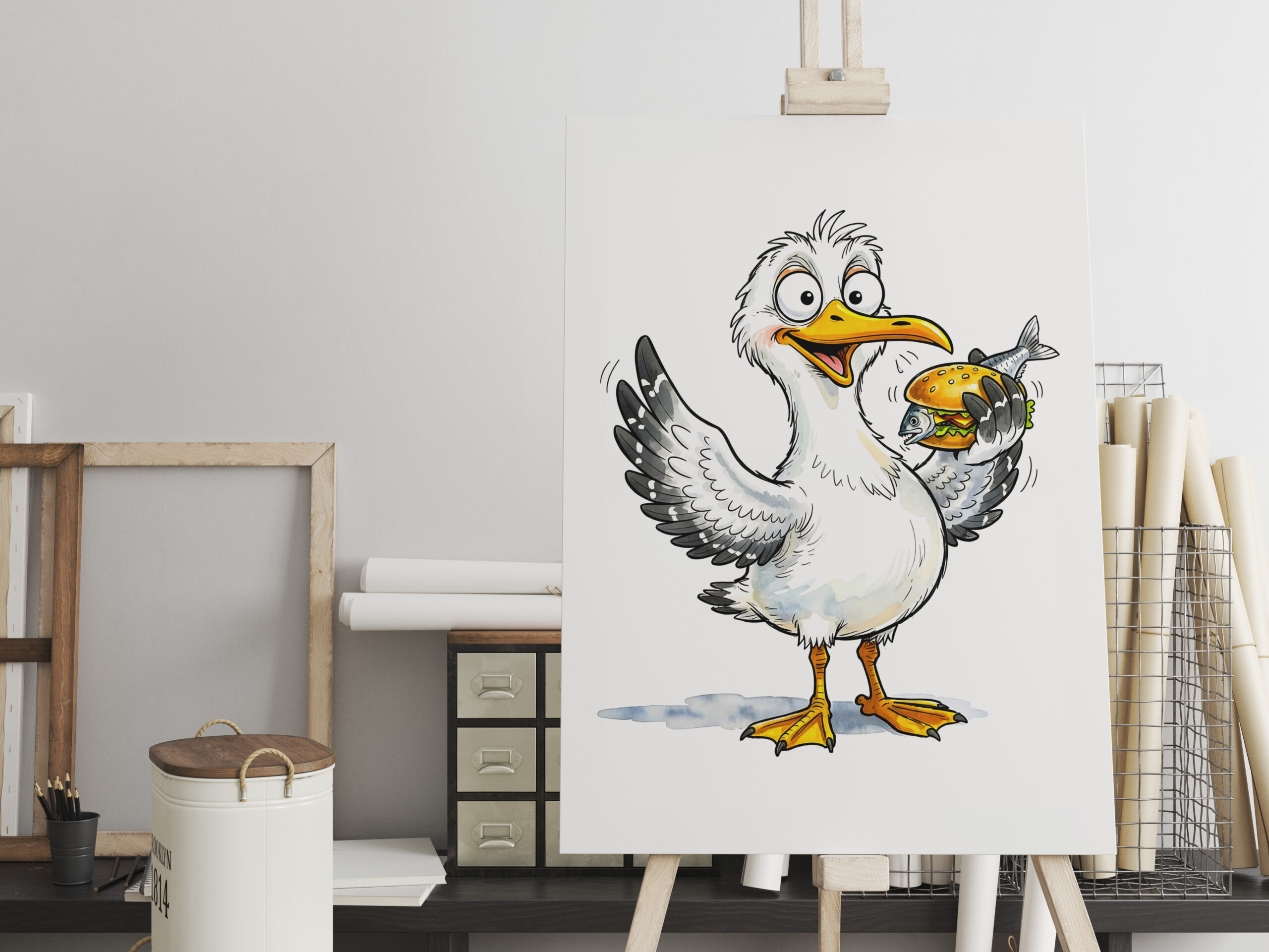 raxxa Canva: Seagull Holding Fish Sandwich at the Coast