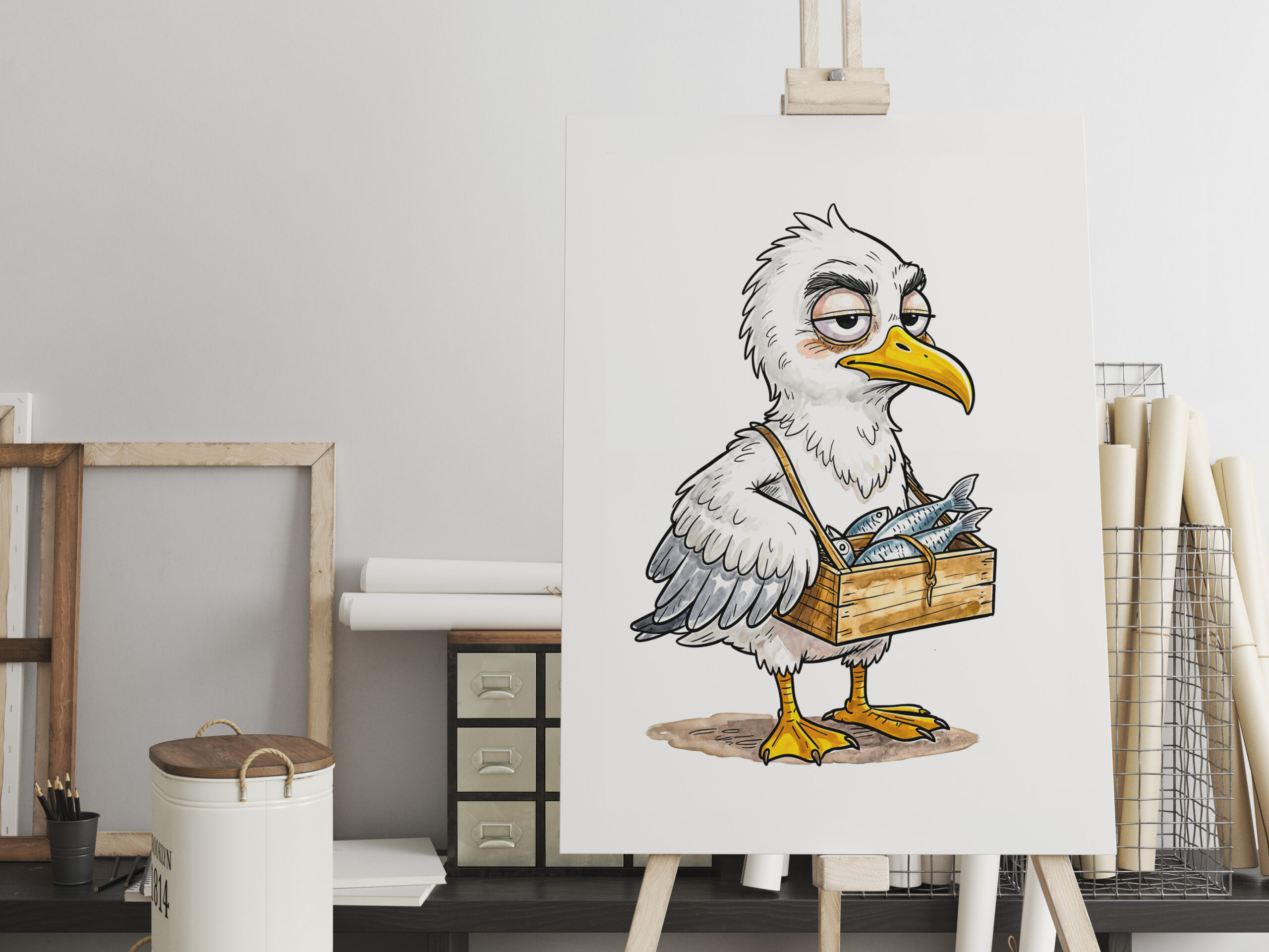 raxxa Canva: Seagull Carrying Fish Crate at the Coast