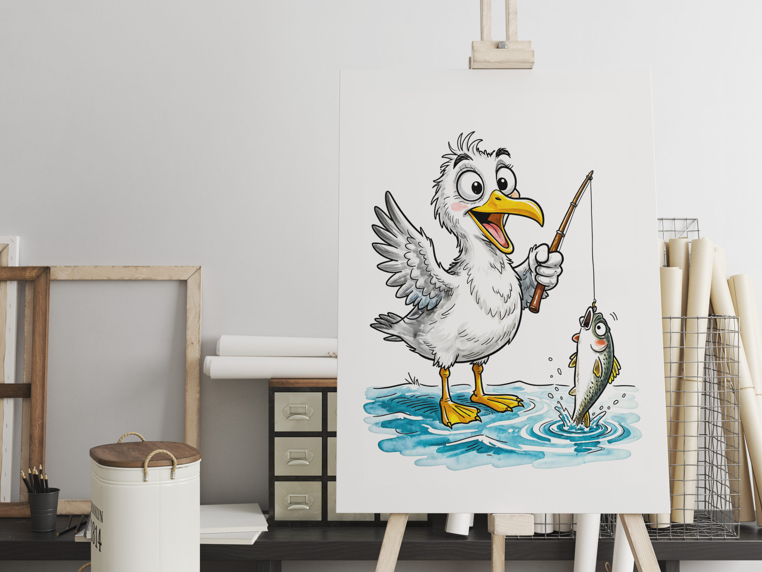 raxxa Canva: Seagull Fishing with Rod in Shallow Water