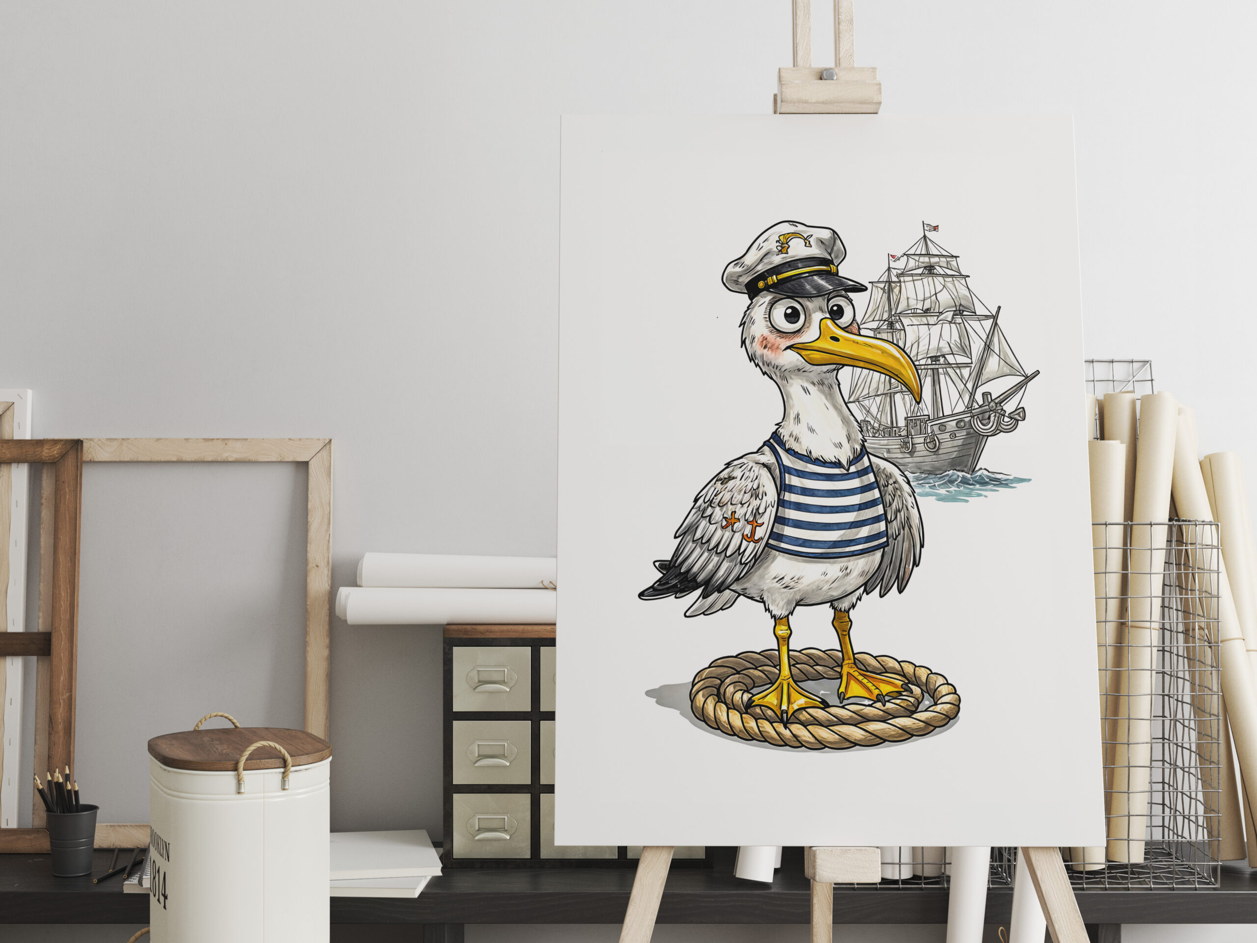 raxxa Canva: Seagull Sailor with Rope and Ship Background
