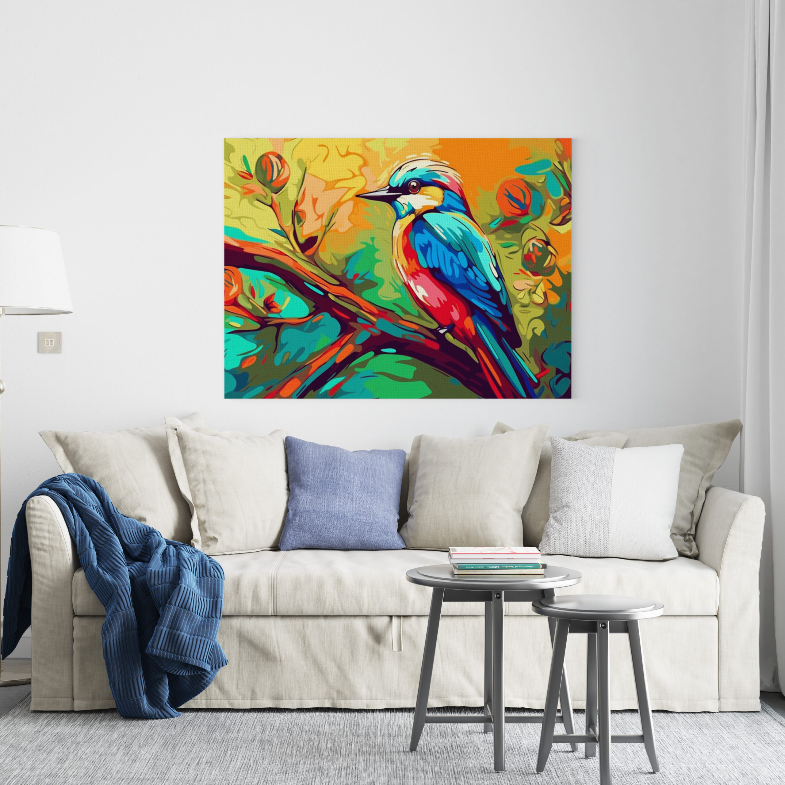 raxxa Canva: Farbenfroher Singvogel auf einem Ast