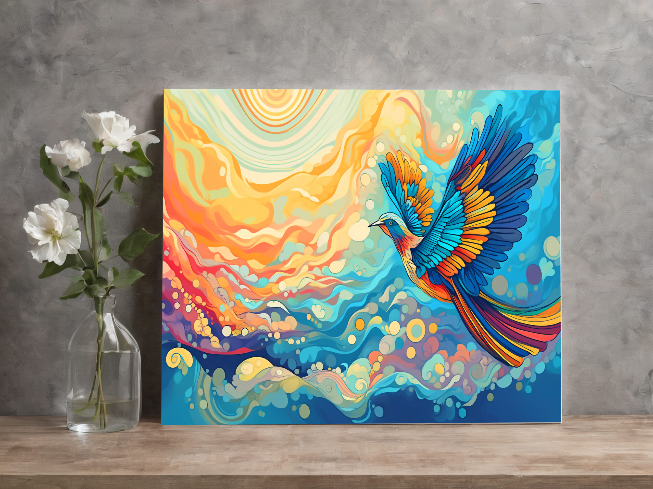 raxxa Canva: Farbenfroher Vogel auf dem Flug in die Wolken - Imagen 3