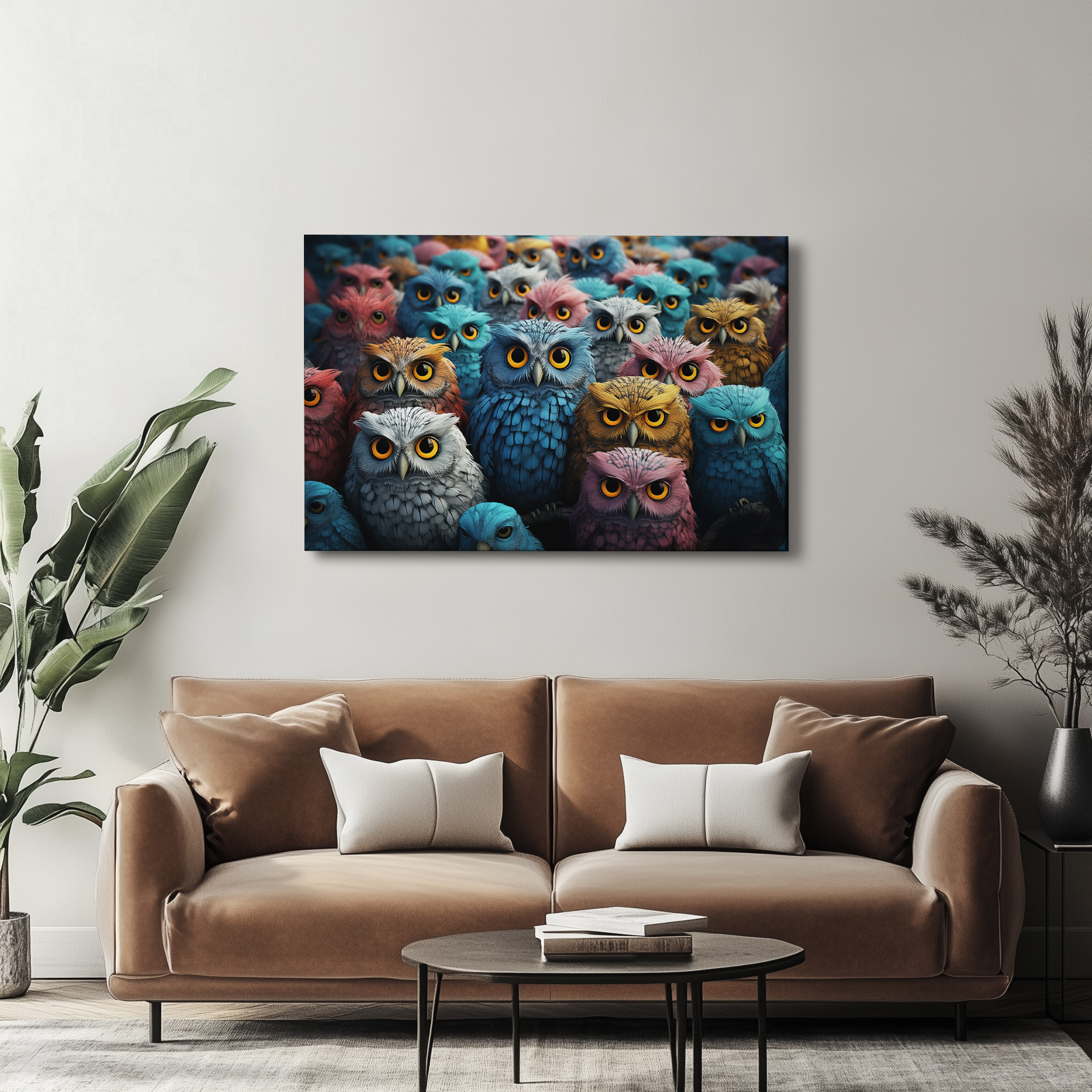raxxa Canva: Gruppenbild mit farbenfrohen Eulen