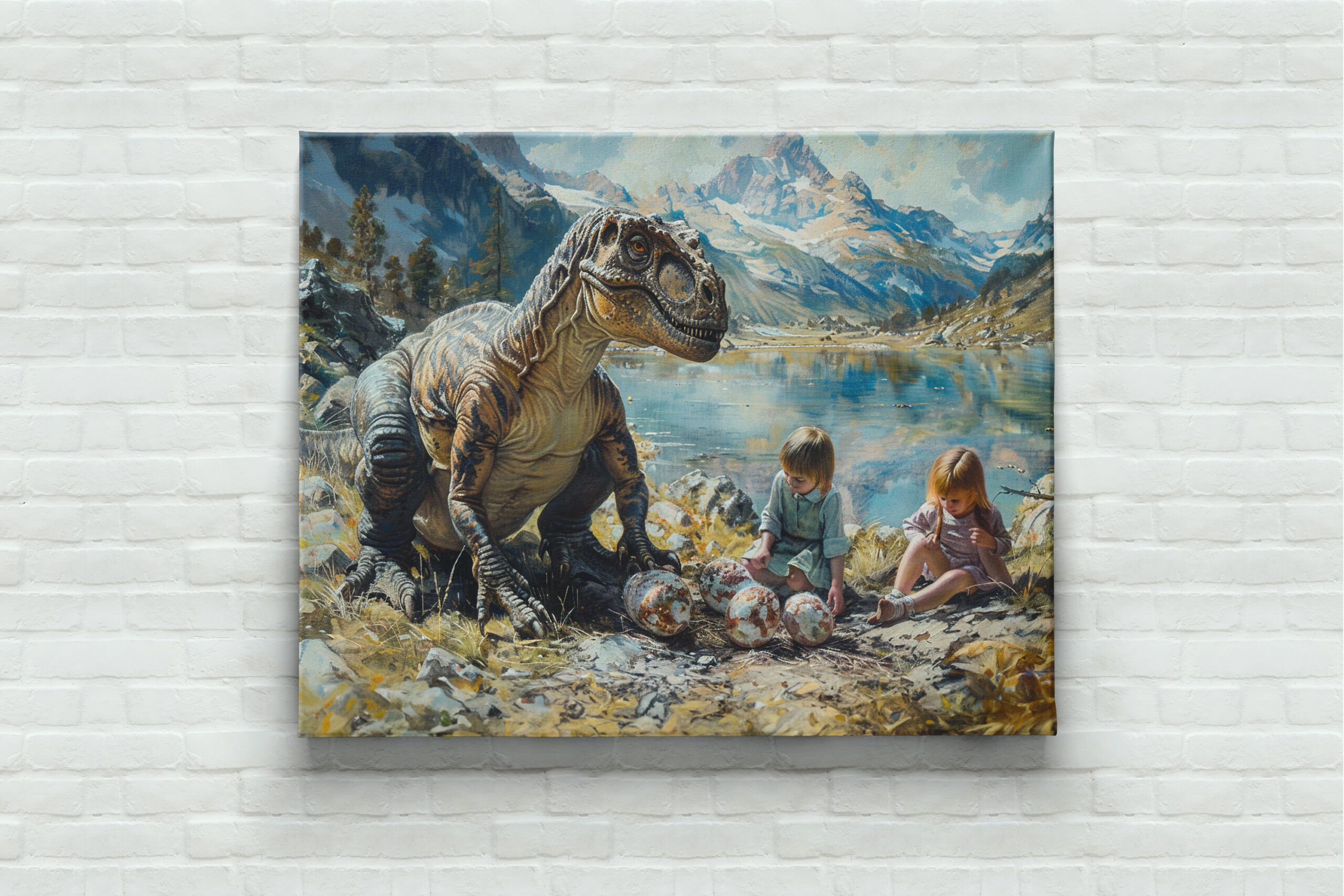 raxxa Canva: Dinosaurier mit Kindern und seinem Gelege