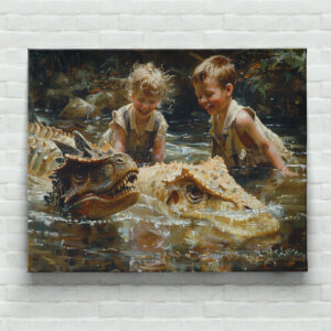 raxxa Canva: Kinder spielen mit Dinosauriern im Wasser