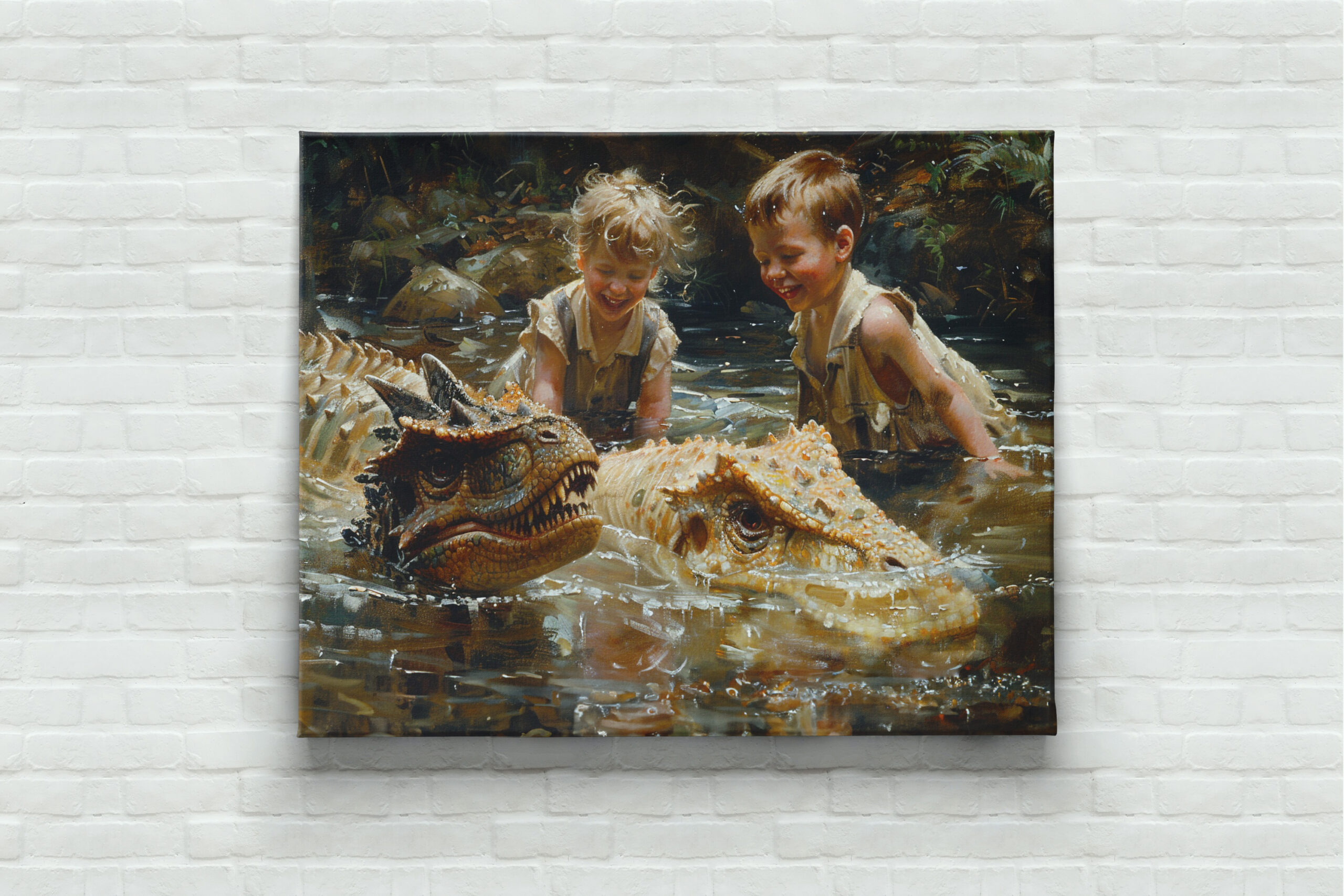 raxxa Canva: Kinder spielen mit Dinosauriern im Wasser