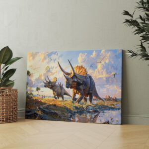 raxxa Canva: Triceratops Dinosaurier mit Menschen unterwegs