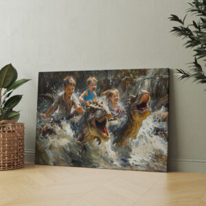 raxxa Canva: Kinder und Dinosaurier spielen im Wasser