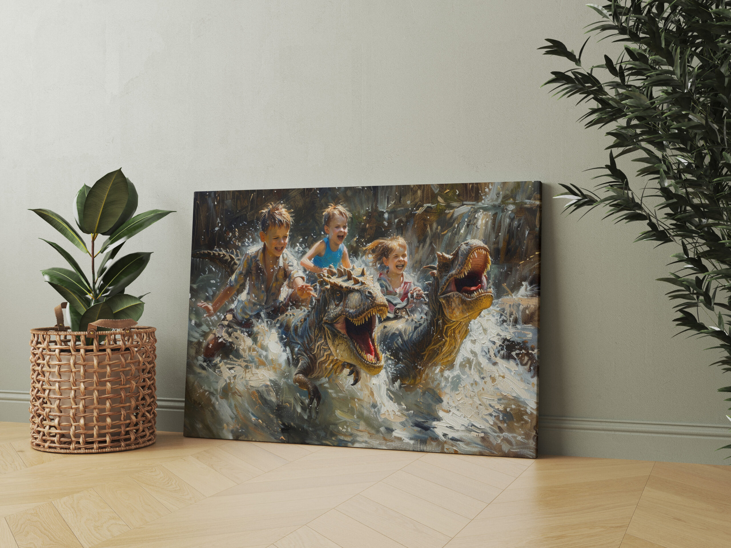 raxxa Canva: Kinder und Dinosaurier spielen im Wasser