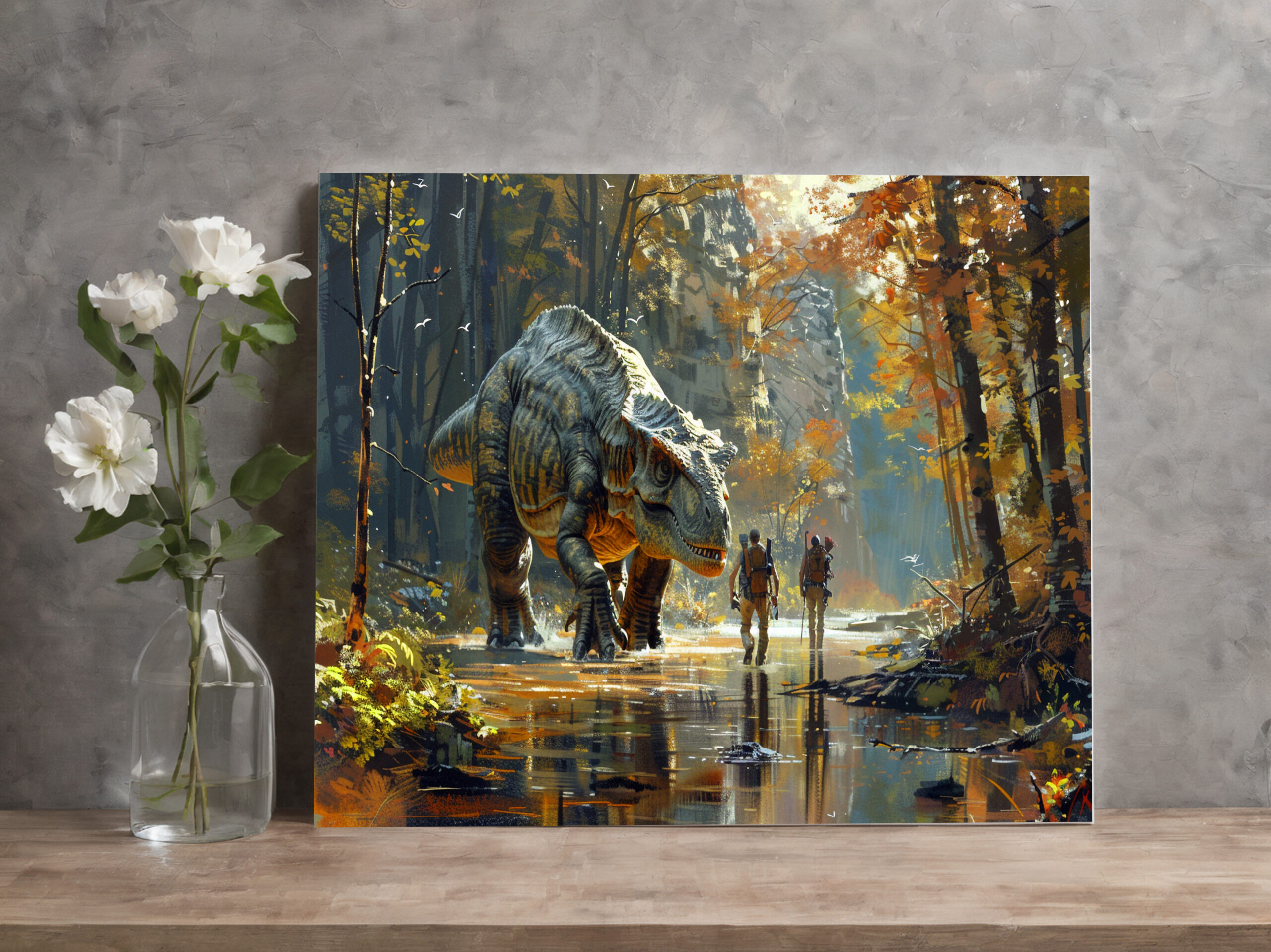 raxxa Canva: Großer Saurier und seine Menschenfreunde