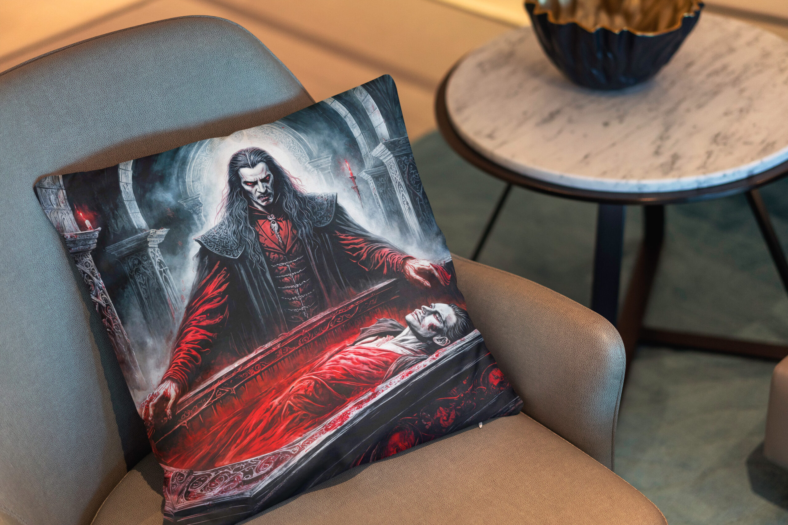 Kissen: Vampire Rising from Coffin in Gothic Chamber