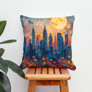 Kissen: Abstract watercolor illustration of full moon over city skyline