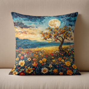Kissen: Abstract watercolor illustration of full moon over wildflower meadow