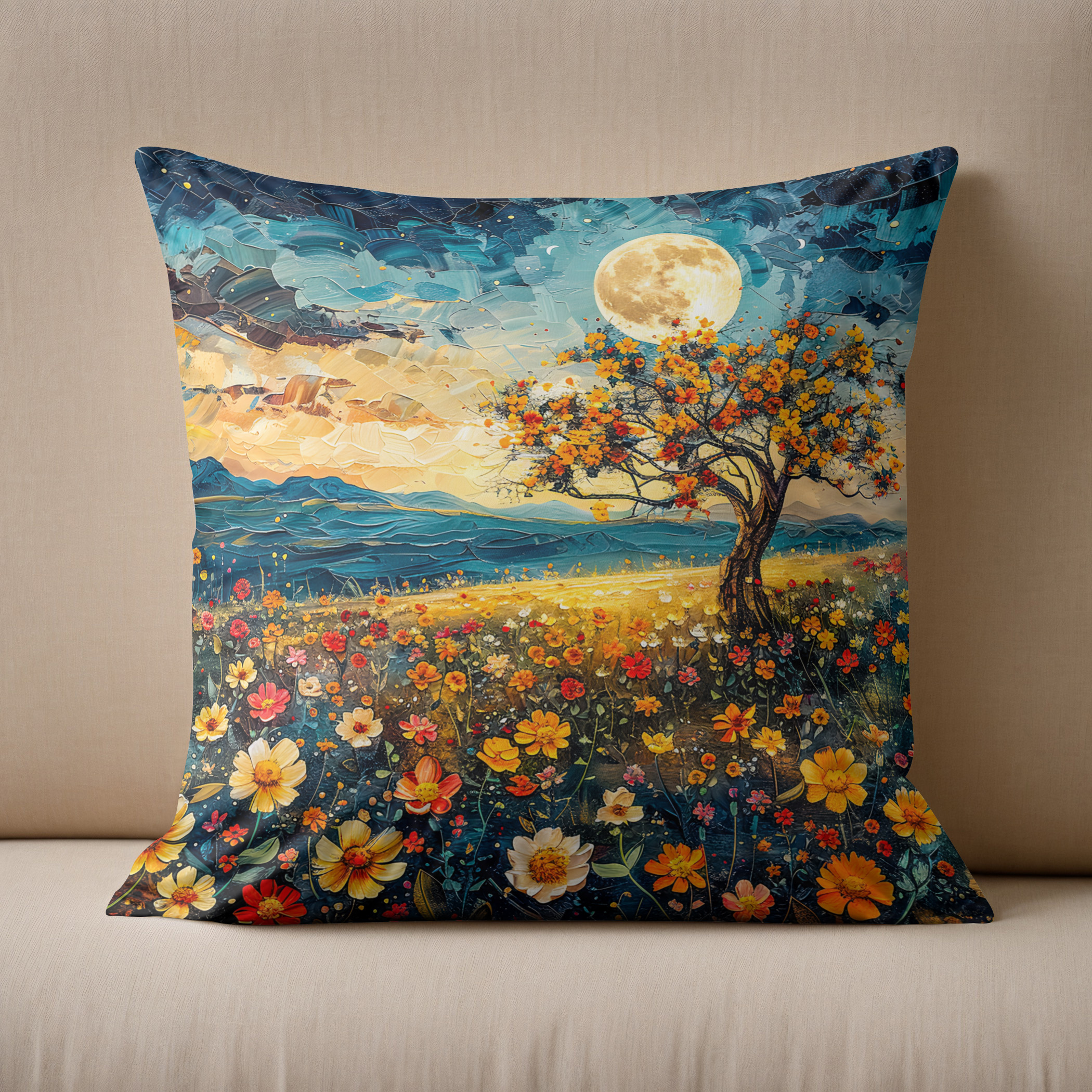 Kissen: Abstract watercolor illustration of full moon over wildflower meadow