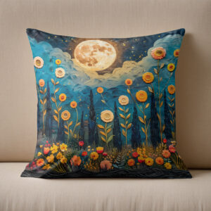 Kissen: Abstract watercolor illustration of full moon and clouds over forest with glowing flowers