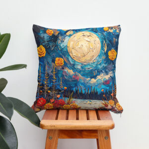 Kissen: Abstract watercolor illustration of full moon over forest and lake