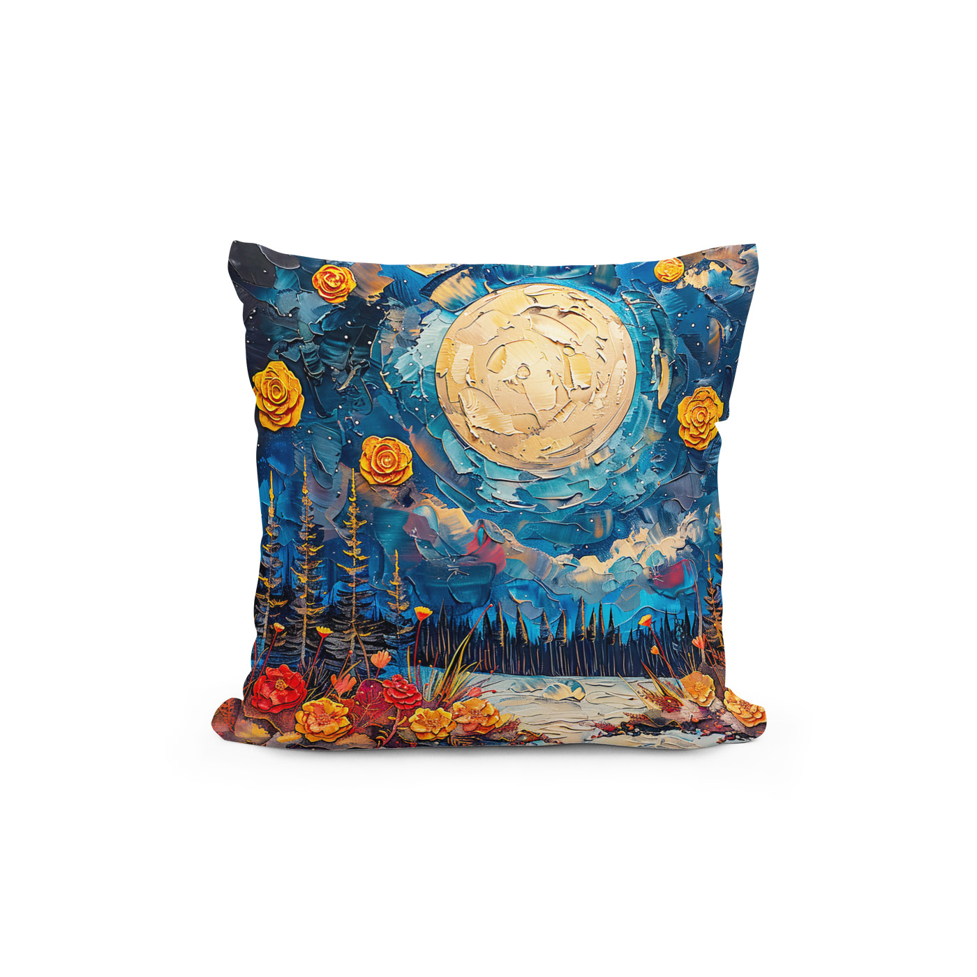 Kissen: Abstract watercolor illustration of full moon over forest and lake - immagine 2