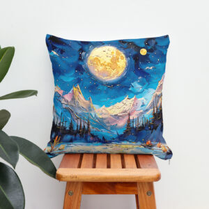 Kissen: Abstract watercolor illustration of full moon over snowy mountains