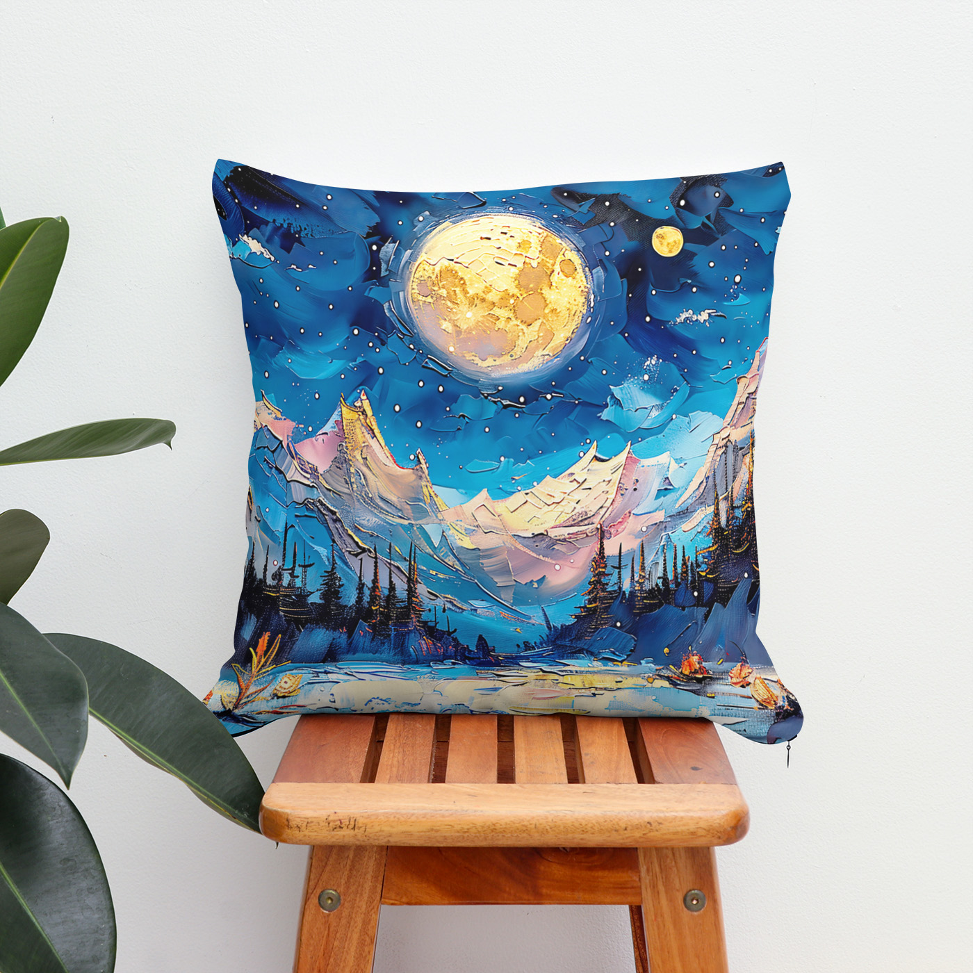 Kissen: Abstract watercolor illustration of full moon over snowy mountains