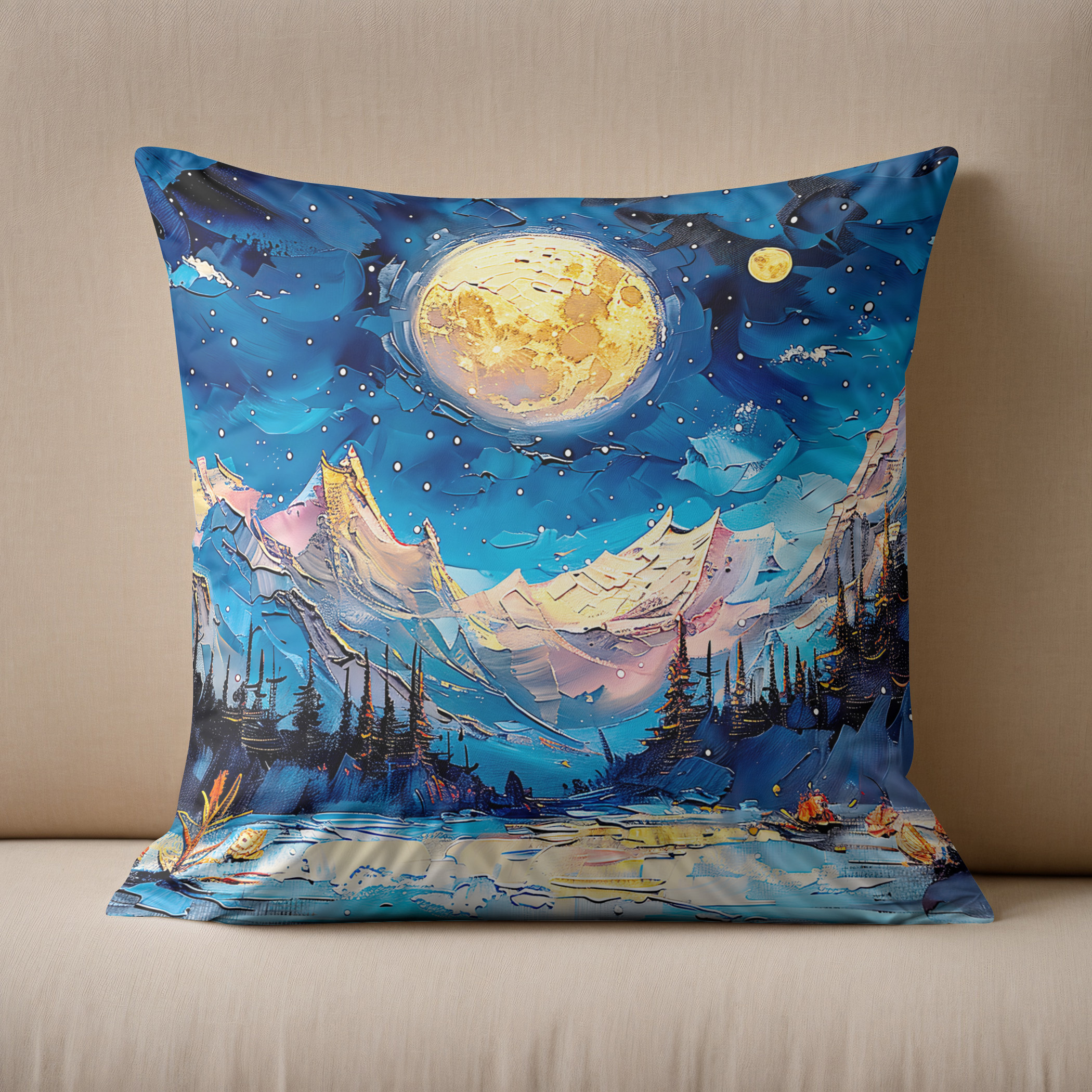 Kissen: Abstract watercolor illustration of full moon over snowy mountains - immagine 2