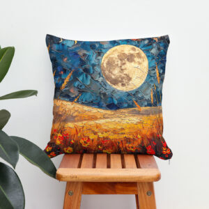 Kissen: Abstract watercolor illustration of full moon over grassy field