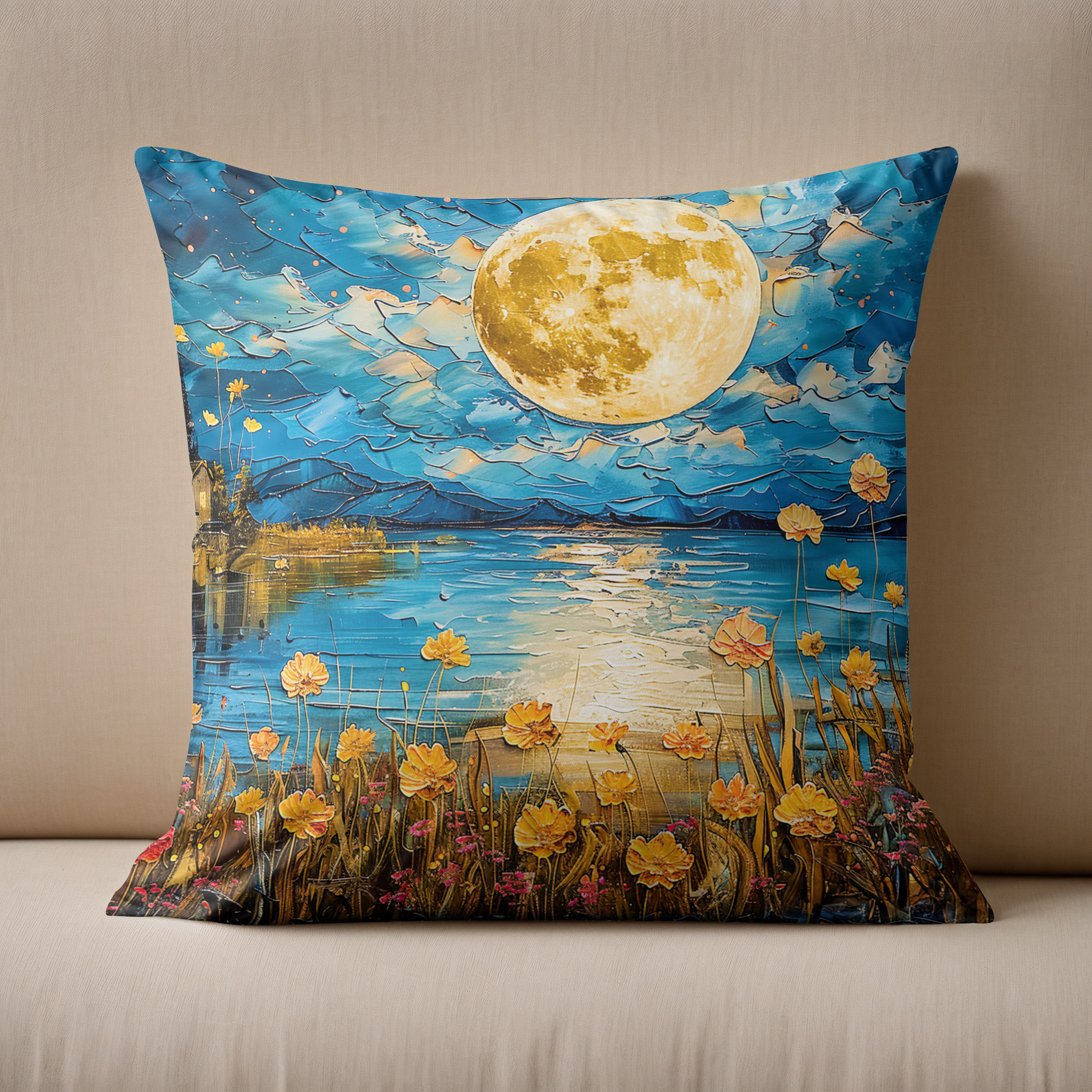 Kissen: Abstract watercolor illustration of full moon reflection in lake