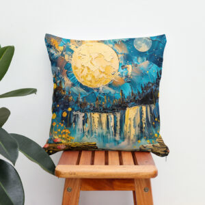 Kissen: Abstract watercolor illustration of full moon over waterfall