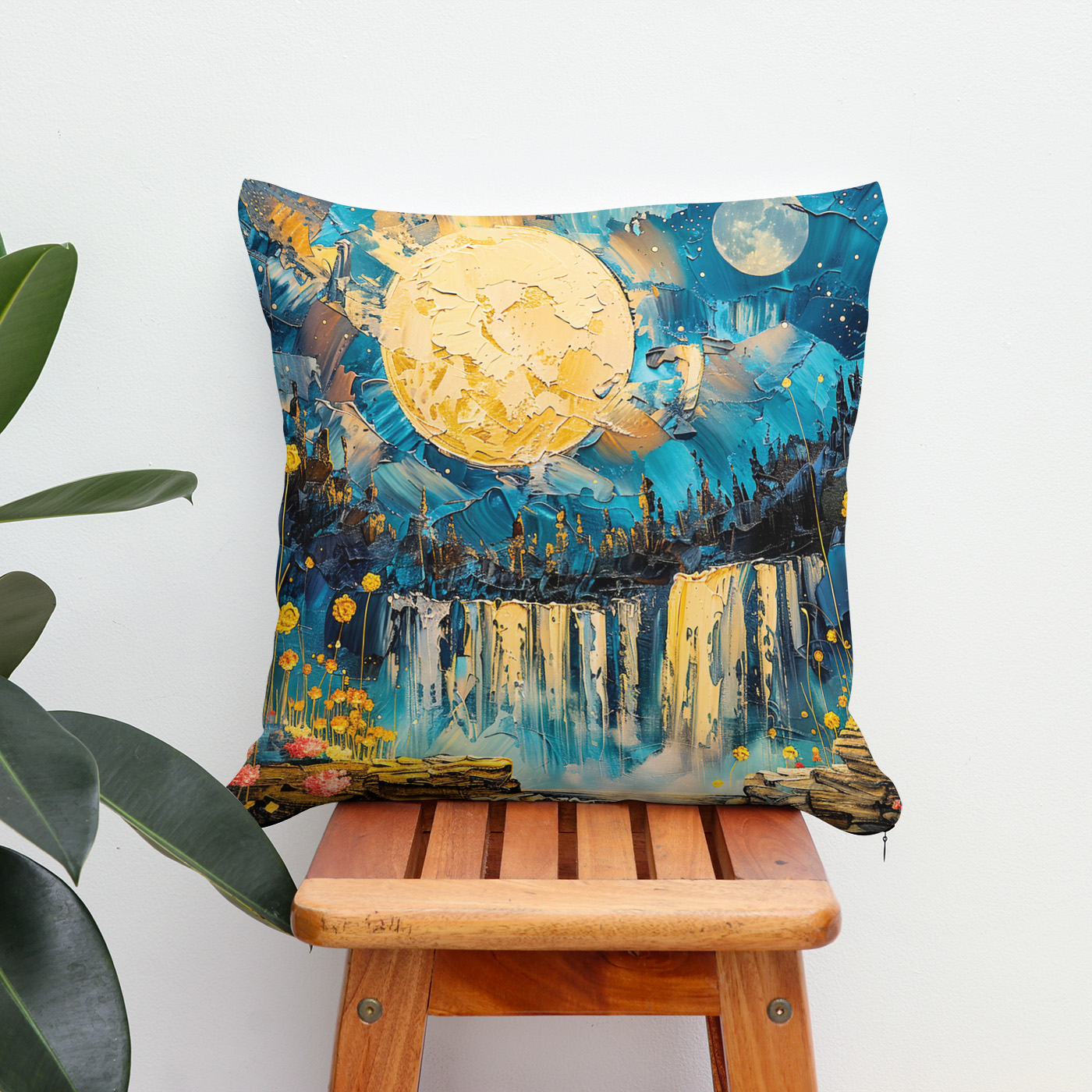 Kissen: Abstract watercolor illustration of full moon over waterfall