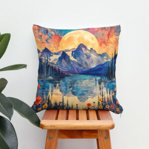 Kissen: Abstract watercolor illustration of full moon over snowy mountains and lake