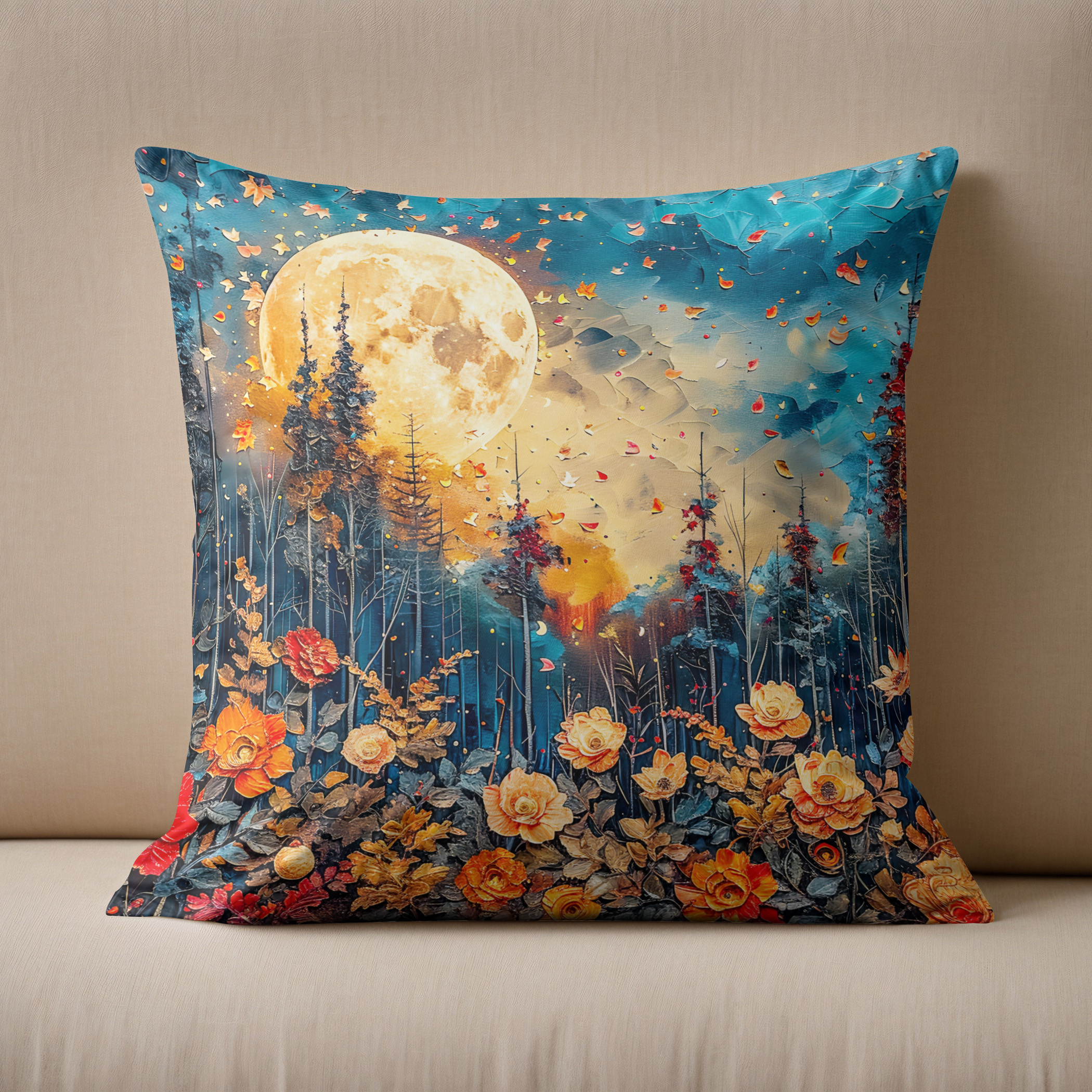 Kissen: Abstract watercolor illustration of full moon over forest