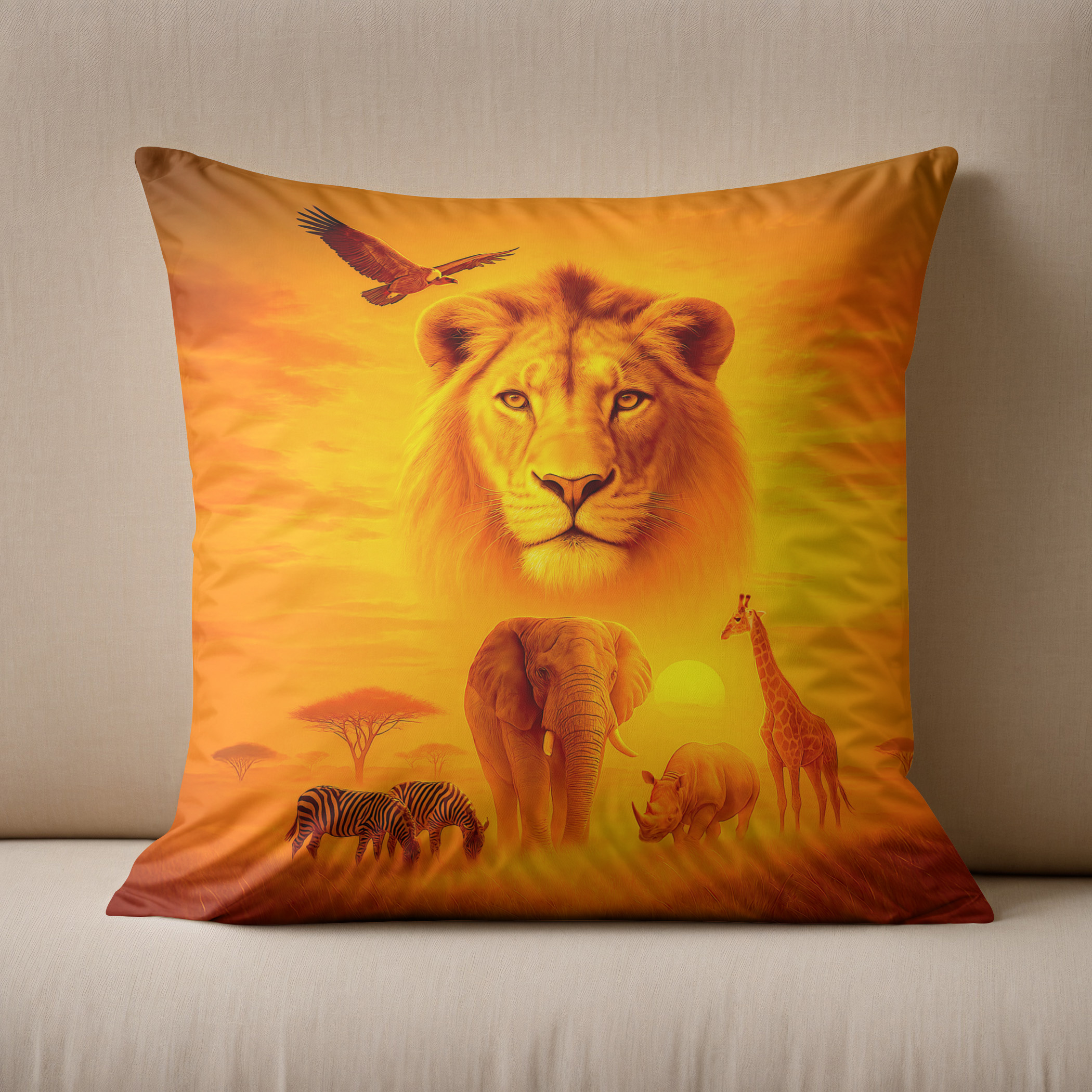 Kissen: Double Exposure African Wildlife Scene with Lion and Elephants