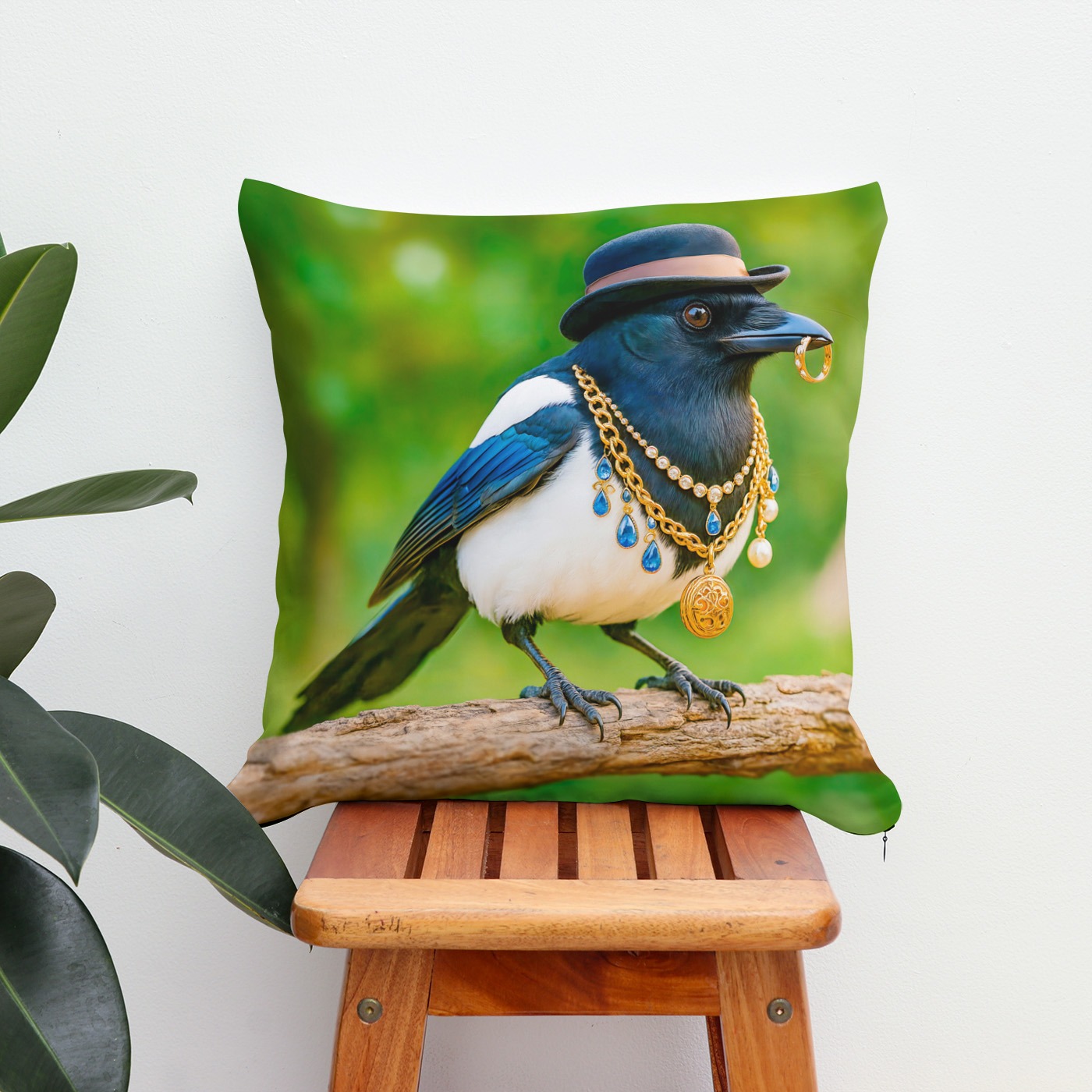 Kissen: Magpie Covered in Jewelry and Gems