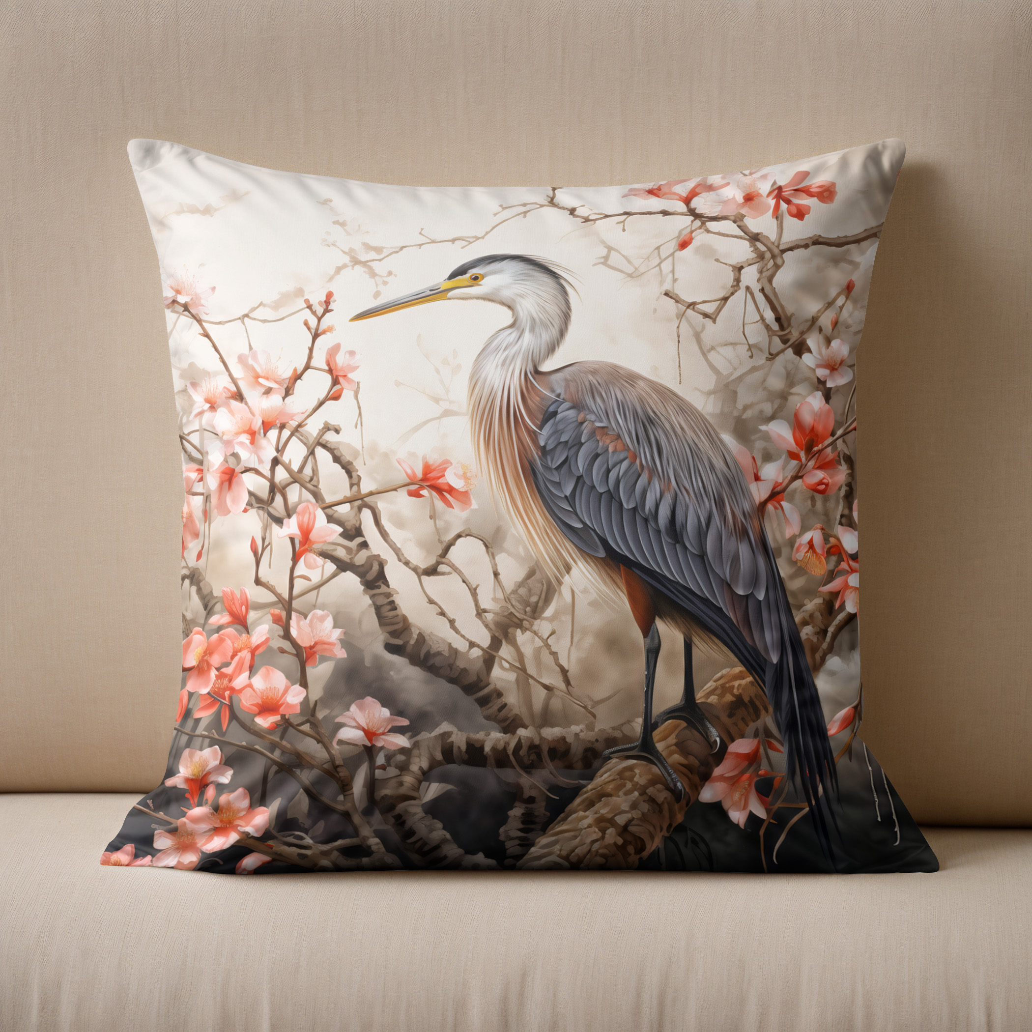 Kissen: Heron in red foliage pond illustration